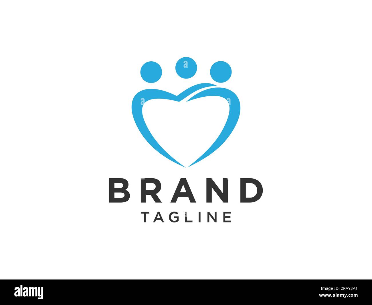 Logo abstract Family Care. Icona blu a forma di cuore monolina con combinazione di simboli delle persone isolata su sfondo bianco. Modello di progettazione con logo Vector Flat Line Illustrazione Vettoriale