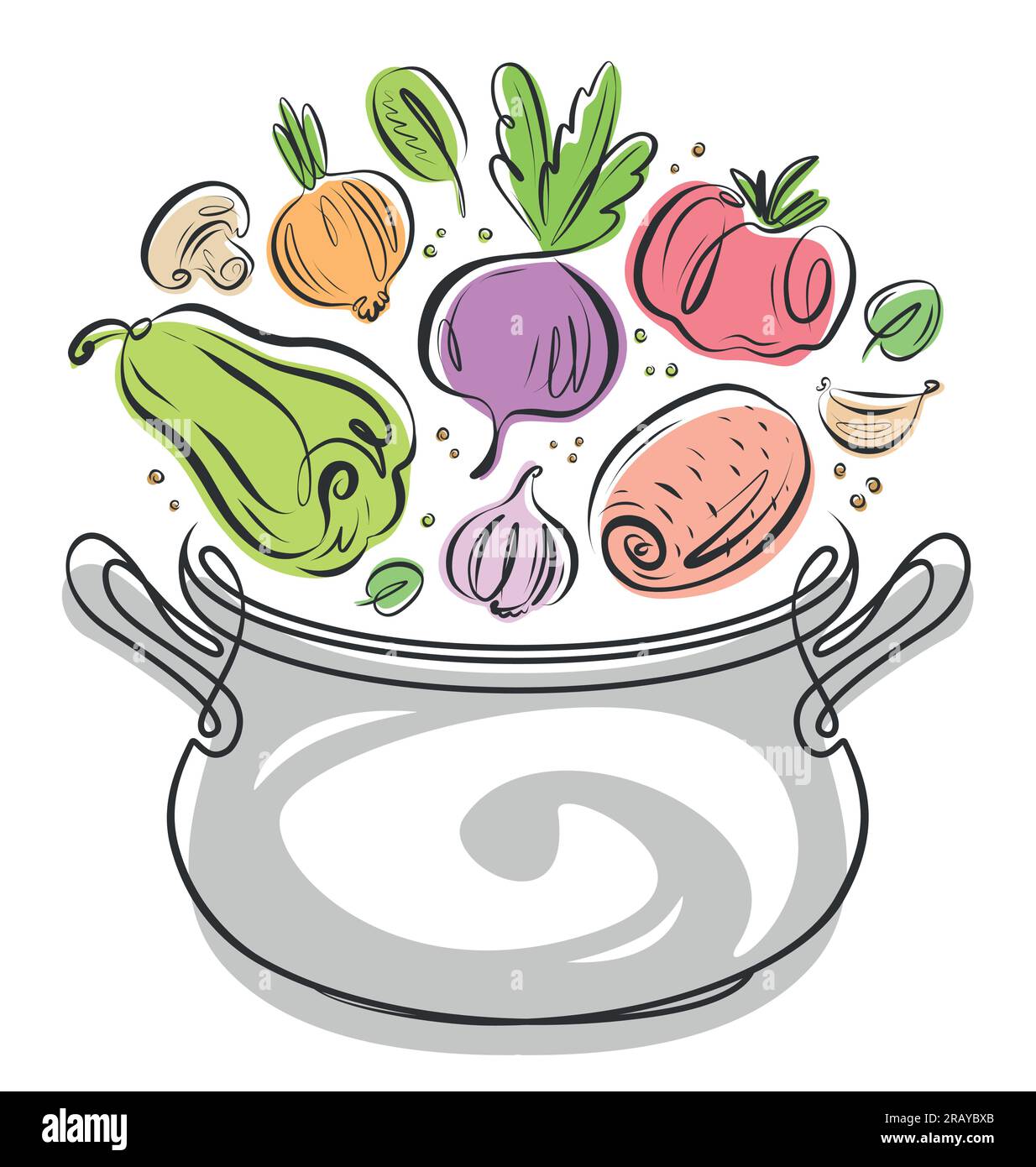 Verdure fresche di fattoria e pentola da cucina. Ingredienti per cucinare in padella. Illustrazione vettoriale Illustrazione Vettoriale