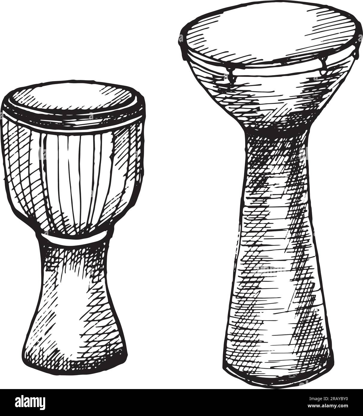 Insieme di djembe, conga percussione strumento musicale illustrazione vettoriale isolato. Inchiostro di strumento folk africano bianco e nero dipinto a mano. Tamburo etnico. De Illustrazione Vettoriale