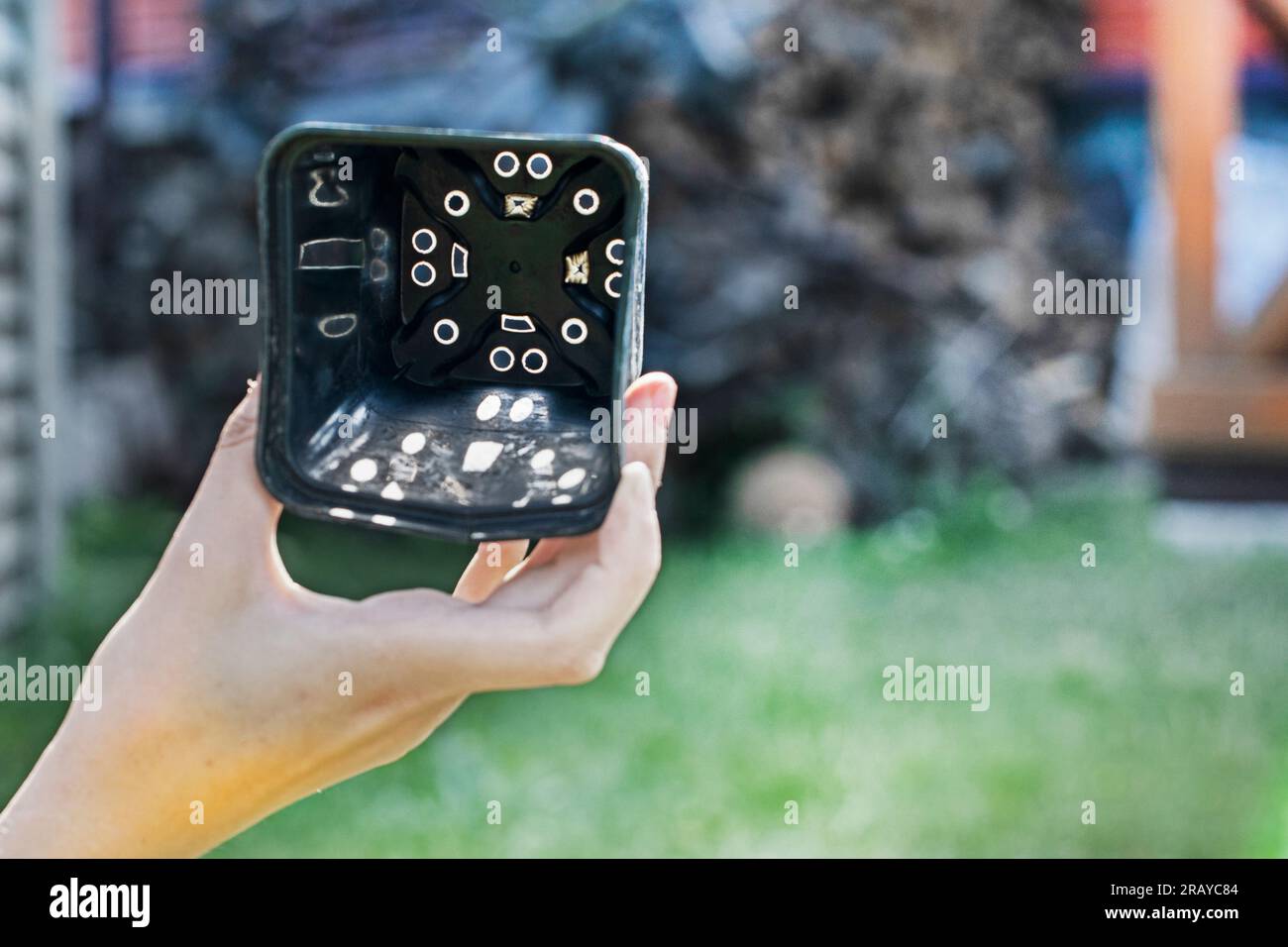 le mani della ragazza tengono un contenitore vuoto con dei fori sul fondo per fiori e piantine. Piantare correttamente piante e alberi Foto Stock