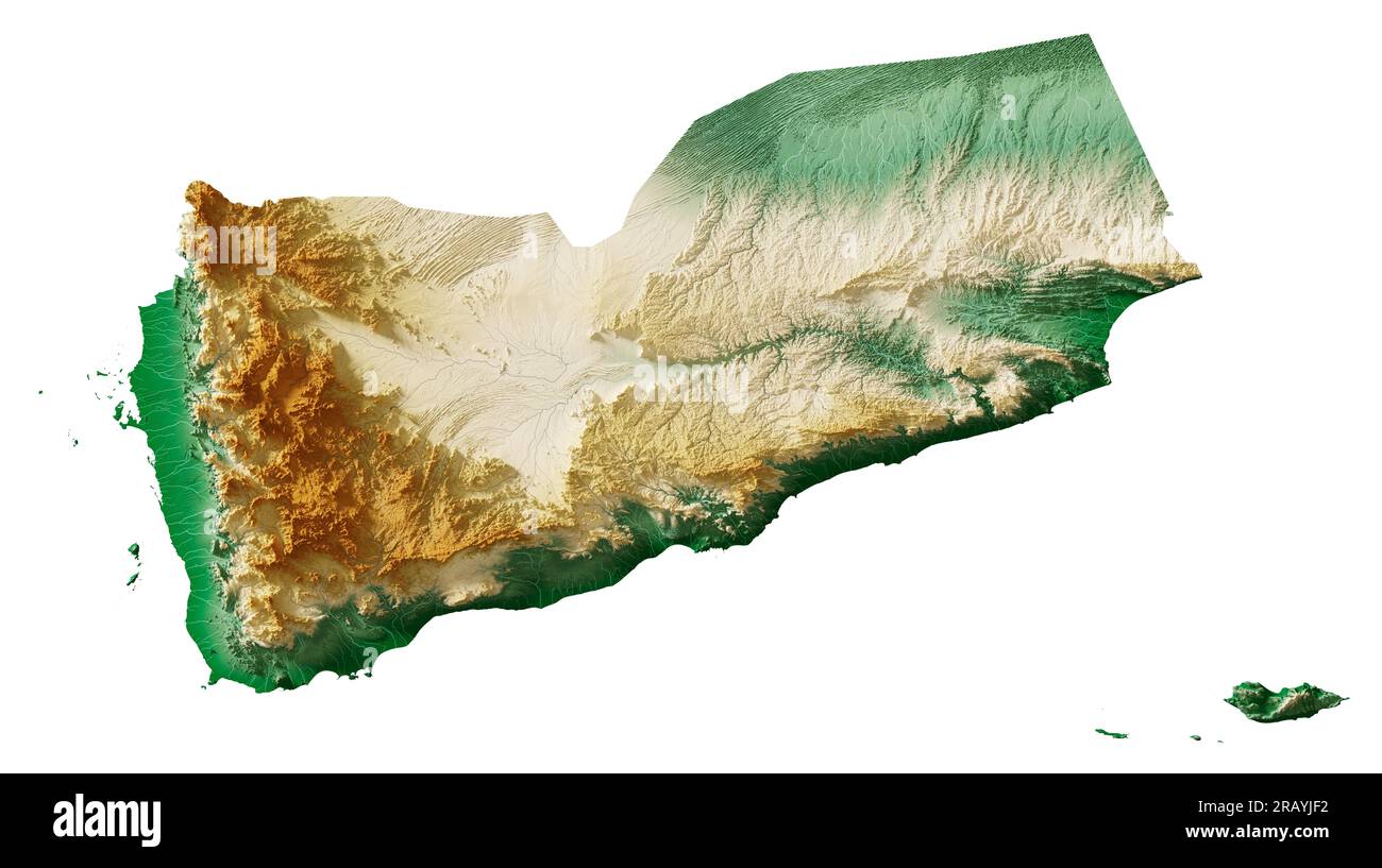 Yemen. Rendering 3D estremamente dettagliato della mappa di rilievo ombreggiato con fiumi e laghi. Colorato in base all'elevazione. Sfondo bianco puro. Dati satellitari. Foto Stock