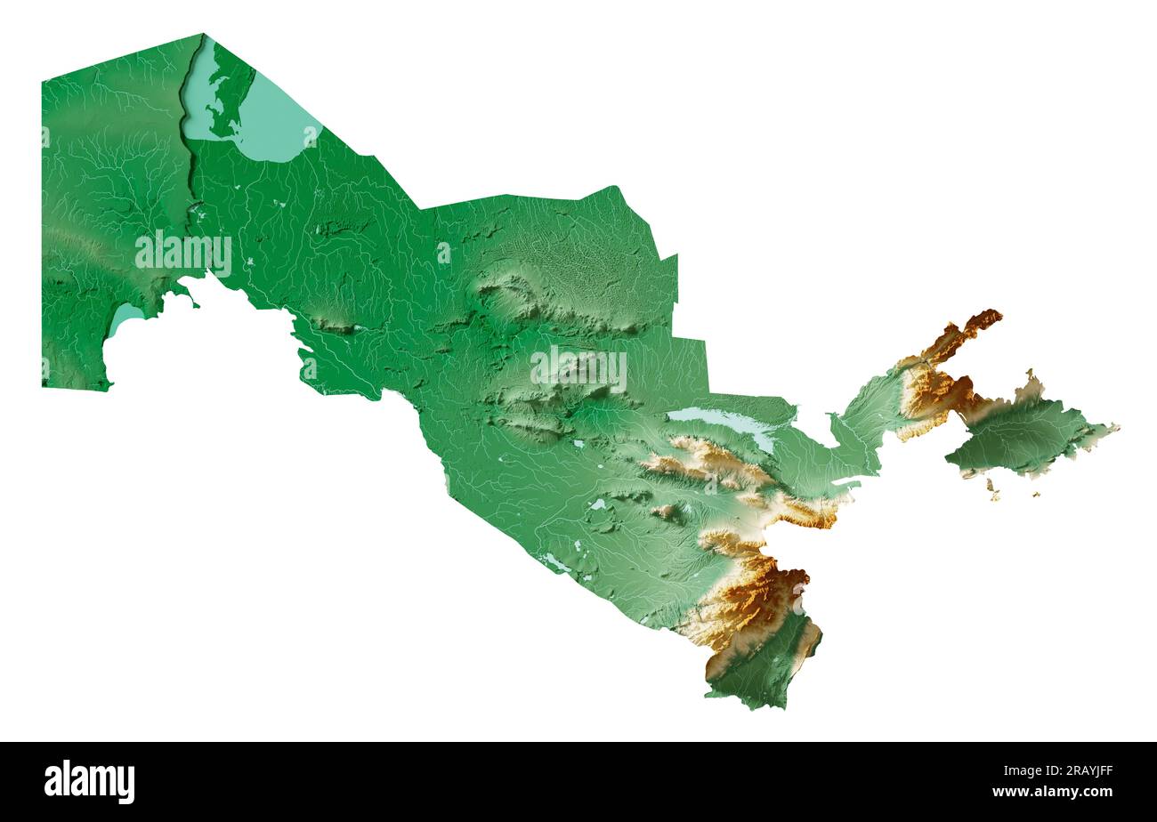 Uzbekistan. Rendering 3D estremamente dettagliato della mappa di rilievo ombreggiato con fiumi e laghi. Colorato in base all'elevazione. Sfondo bianco puro. Dati satellitari. Foto Stock