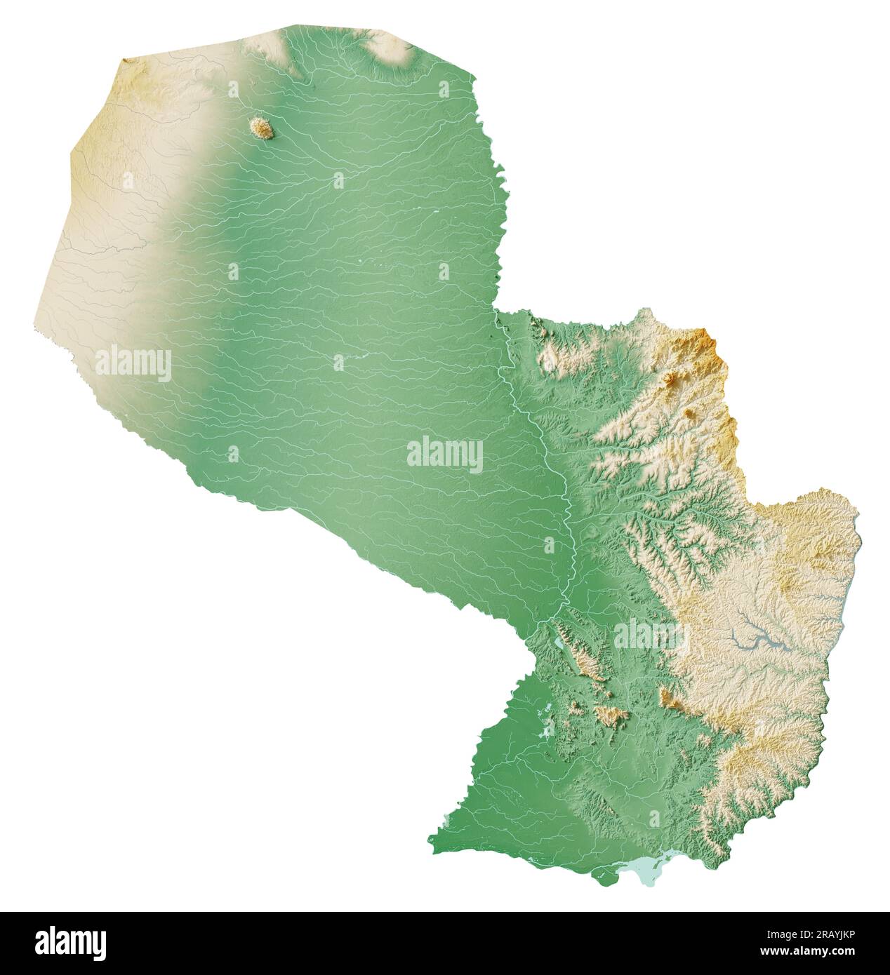 Paraguay. Rendering 3D estremamente dettagliato della mappa di rilievo ombreggiato con fiumi e laghi. Colorato in base all'elevazione. Sfondo bianco puro. Dati satellitari. Foto Stock