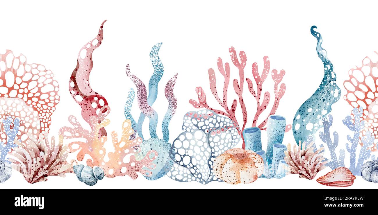 Mondo sottomarino confine senza soluzione di continuità tra animali marini e piante polpi, cavallucci marini, granchi, stelle marine, meduse. abitanti marini del sottomarino w Foto Stock