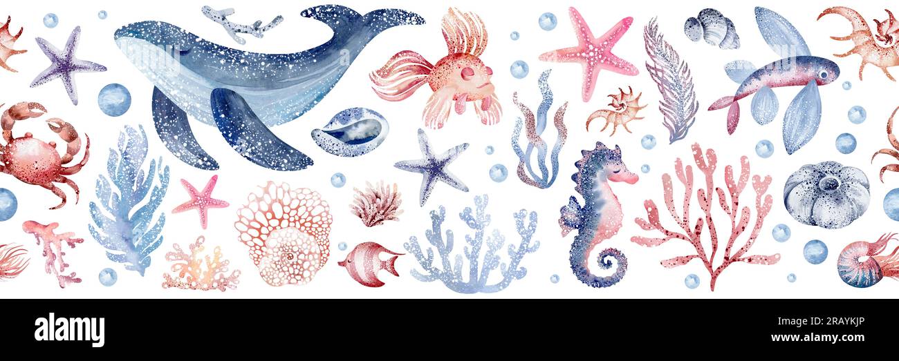 Mondo sottomarino confine senza soluzione di continuità tra animali marini e piante polpi, cavallucci marini, granchi, stelle marine, meduse. abitanti marini del sottomarino w Foto Stock