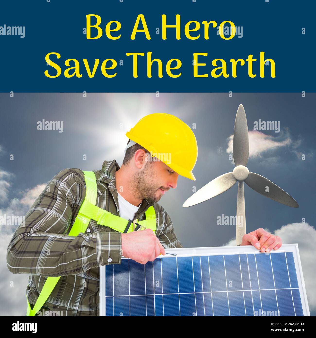 Composizione di Be a Hero Save the Earth testo sopra uomo caucasico con pannello solare e turbina eolica Foto Stock