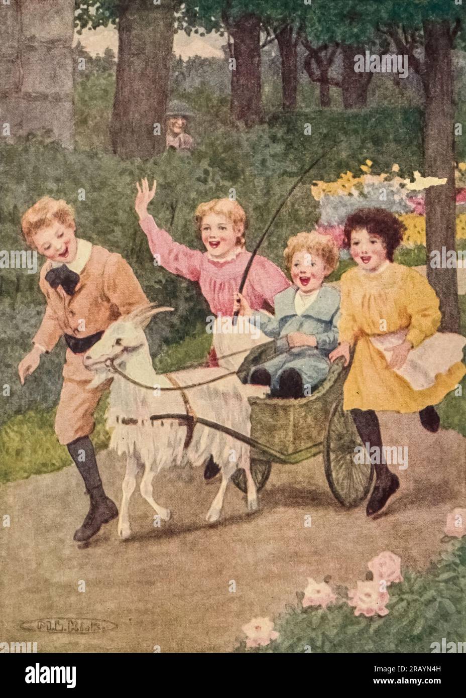 All the Children Were Screaming with Delight at the Wonderful Ride Frontespiece illustrato da Maria L. Kirk dal libro ' Cornelli ' di Spyri, Johanna, 1827-1901 data di pubblicazione 1920 Editore Philadelphia, Londra, J.B. La Lippincott Johanna Louise Spyri (12 giugno 1827 – 7 luglio 1901) è stata un'autrice svizzera di romanzi, in particolare di storie per bambini. Ha scritto il popolare libro Heidi. Nata a Hirzel, un'area rurale nel cantone di Zürich, da bambina trascorse diverse estati vicino Coira a Graubünden, l'ambientazione che più tardi avrebbe usato nei suoi romanzi. Foto Stock