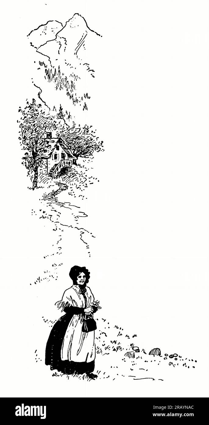 Uno schizzo di una donna in un villaggio rurale svizzero illustrato da Maria L. Kirk dal libro Cornelli; a story of the Swiss Alps di Spyri, Johanna, 1827-1901 data di pubblicazione 1921 Editore Philadelphia, Londra, J.B. Società Lippincott. Johanna Louise Spyri (12 giugno 1827 – 7 luglio 1901) è stata un'autrice svizzera di romanzi, in particolare storie per bambini. Ha scritto il popolare libro Heidi. Nata a Hirzel, un'area rurale nel cantone di Zürich, da bambina trascorse diverse estati vicino Coira a Graubünden, l'ambientazione che più tardi avrebbe usato nei suoi romanzi. Foto Stock