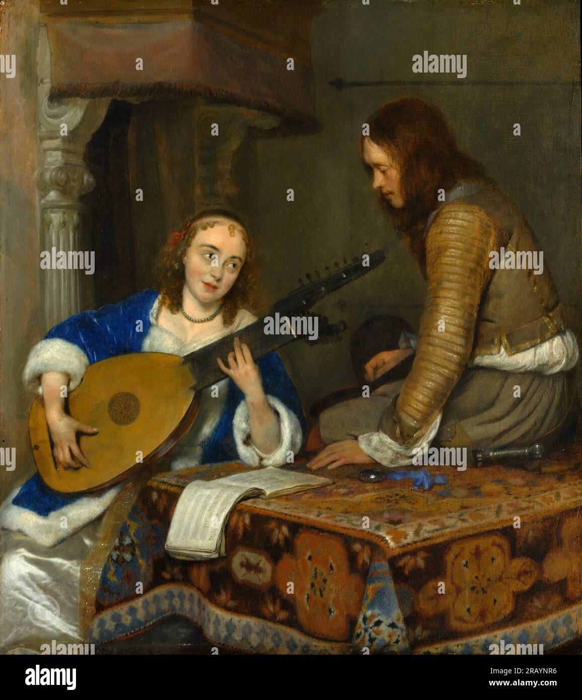 Gerard ter Borch - Una donna che interpreta il Theorbo-Lute e un Cavalier - Deventer CA. 1658; olio su legno; pittura barocca Foto Stock