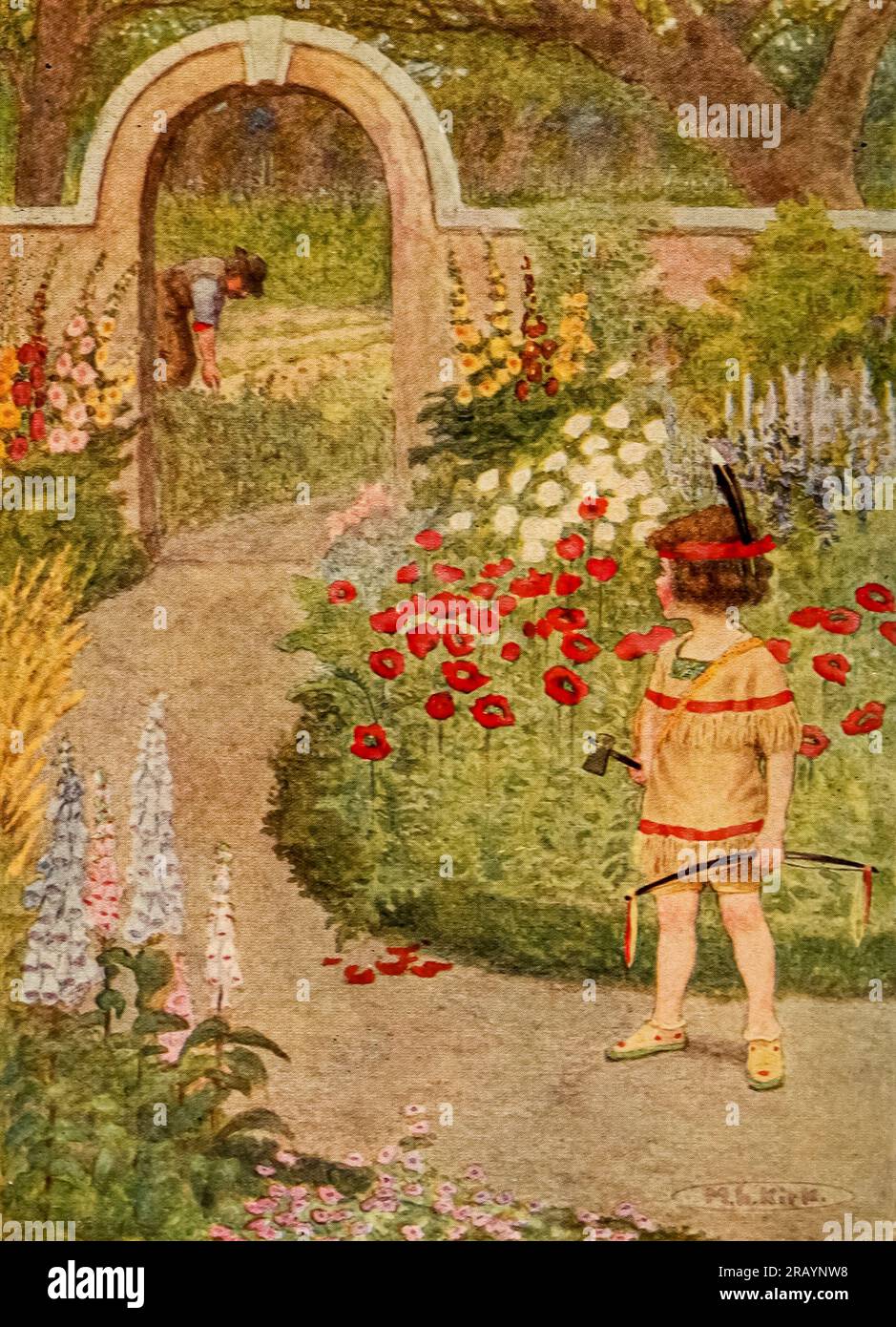 The Gardener Frontispiece o How much Wiser You would be to play at Indian Wars with me !dal libro ' A child's Garden of Verses' di Stevenson, Robert Louis, 1850-1894; E illustrato da Kirk, Maria Louise, B. 1860, data di pubblicazione 1919 Publisher Philadelphia and London, J. B. Lippincott Company A Child's Garden of Verses è un volume del 1885 di 64 poesie per bambini dell'autore scozzese Robert Louis Stevenson. È stato ristampato molte volte, spesso in versioni illustrate, ed è considerato una delle opere per bambini più influenti del XIX secolo. Le poesie, che hanno l'ape Foto Stock