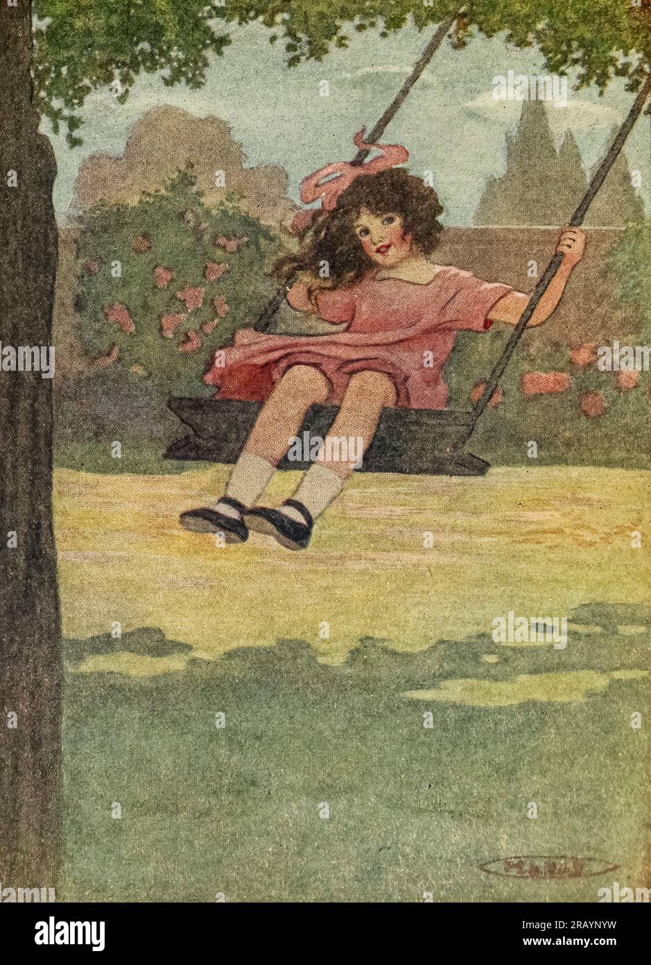 L'oscillazione verso l'alto e verso il basso. Dal libro ' Un giardino di versi per bambini ' di Stevenson, Robert Louis, 1850-1894; E illustrato da Kirk, Maria Louise, B. 1860, data di pubblicazione 1919 Publisher Philadelphia and London, J. B. Lippincott Company A Child's Garden of Verses è un volume del 1885 di 64 poesie per bambini dell'autore scozzese Robert Louis Stevenson. È stato ristampato molte volte, spesso in versioni illustrate, ed è considerato una delle opere per bambini più influenti del XIX secolo. Le poesie, che sono state ampiamente imitate, sono scritte dal punto di vista Foto Stock