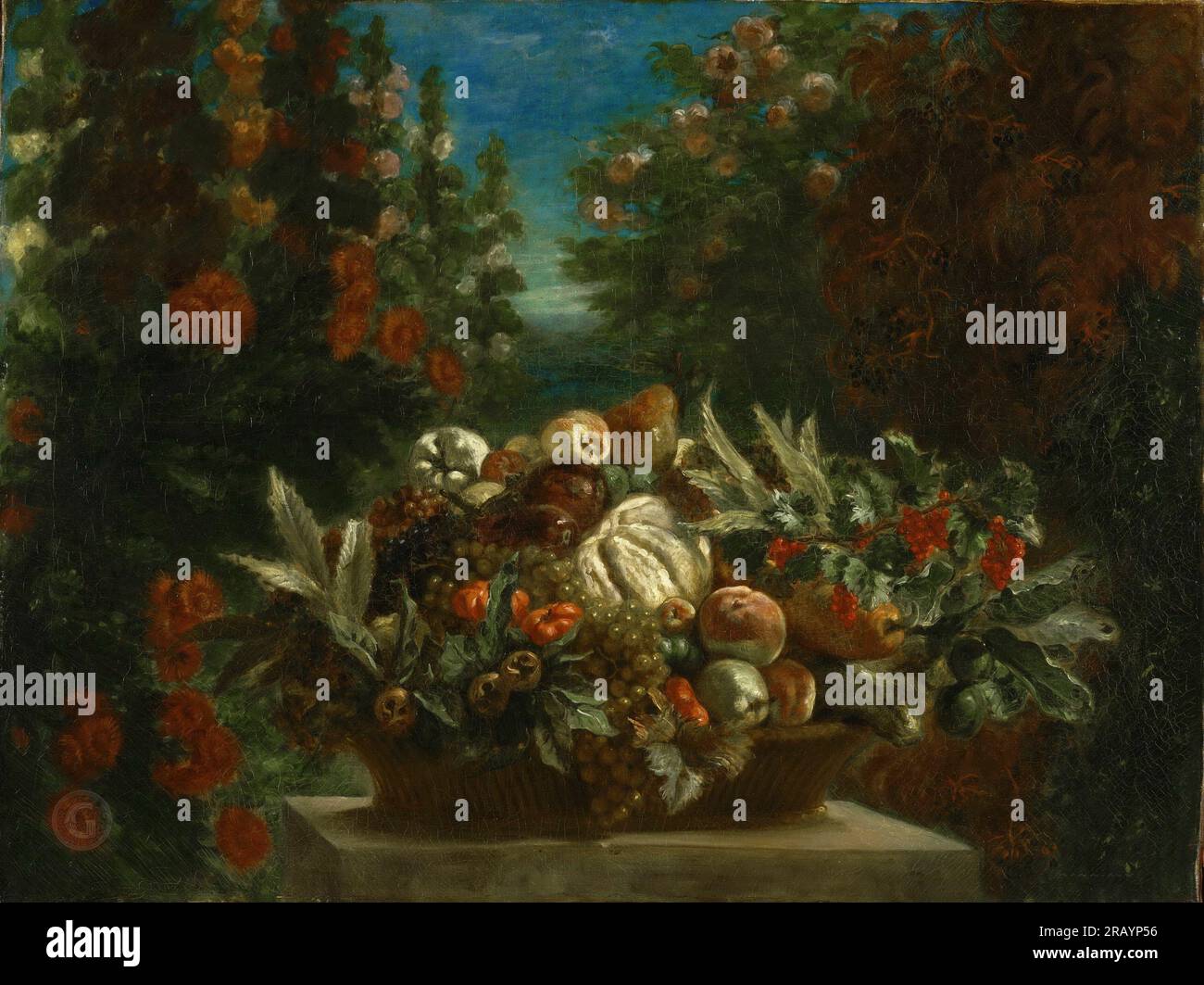 Ferdinand-Victor-Eugène Delacroix, francese, 1798-1863 -- natura morta con fiori e frutta 1848. Foto Stock