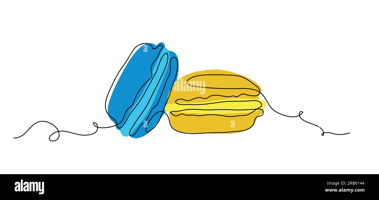 Macaron biscotti un disegno a linee continue illustrazioni vettoriali. Macaron giallo e blu a riga singola Illustrazione Vettoriale