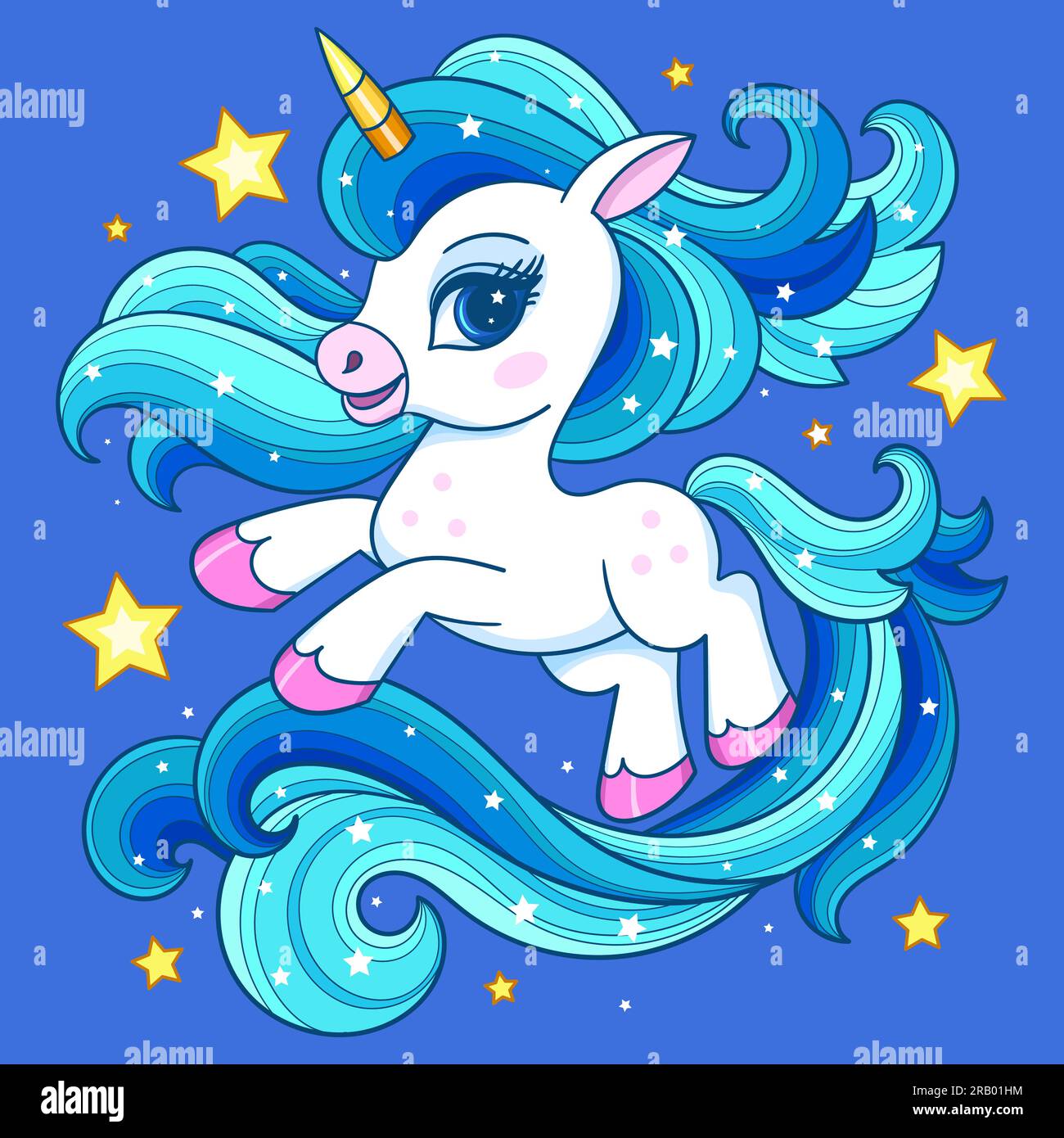 Un bellissimo unicorno con una lunga criniera blu e stelle. Tema magico. Per la progettazione di stampe, poster, cartoline, adesivi illustrazioni vettoriali per bambini Illustrazione Vettoriale