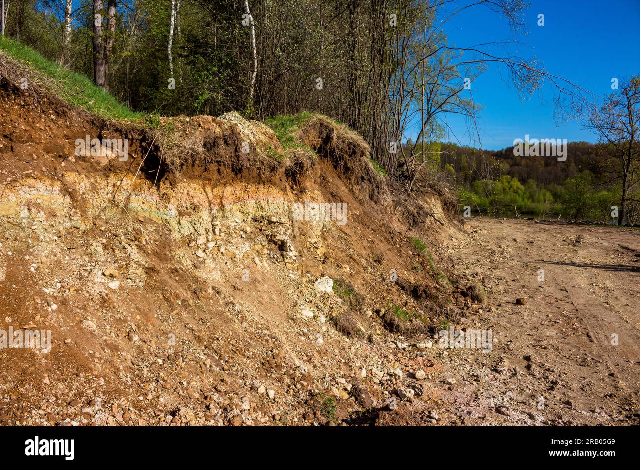 Affioramento di rocce geologiche. Il fondale è argilloso e calcareo sormontato da depositi quaternari. Regione di Kaluzhskiy, Russia Foto Stock