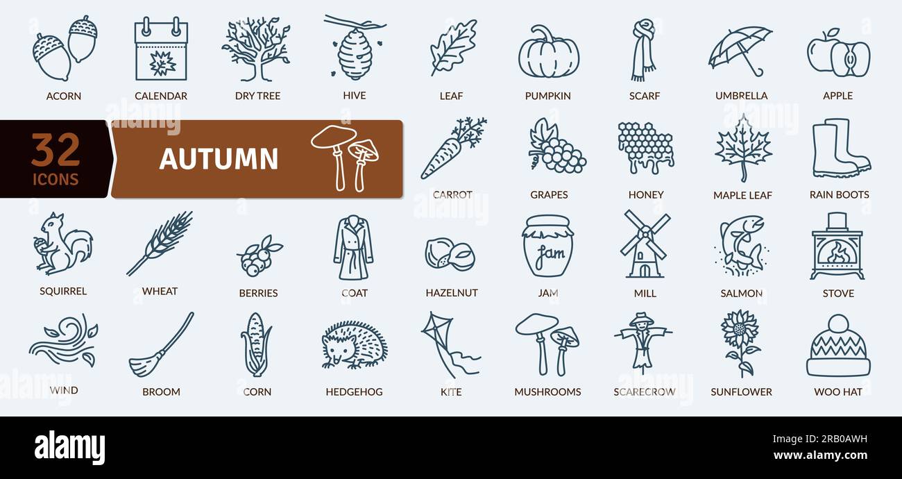 Pacchetto icone autunnali. Set di icone con linee sottili. Icone vettoriali semplici Illustrazione Vettoriale