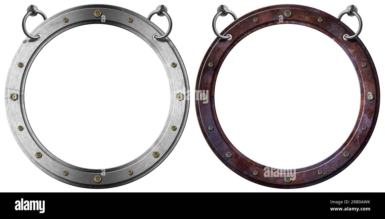 Due oblò in metallo vuoti con bulloni appesi a un anello in acciaio, isolati su sfondo bianco e spazio di copia, modello. illustrazione 3d. Foto Stock