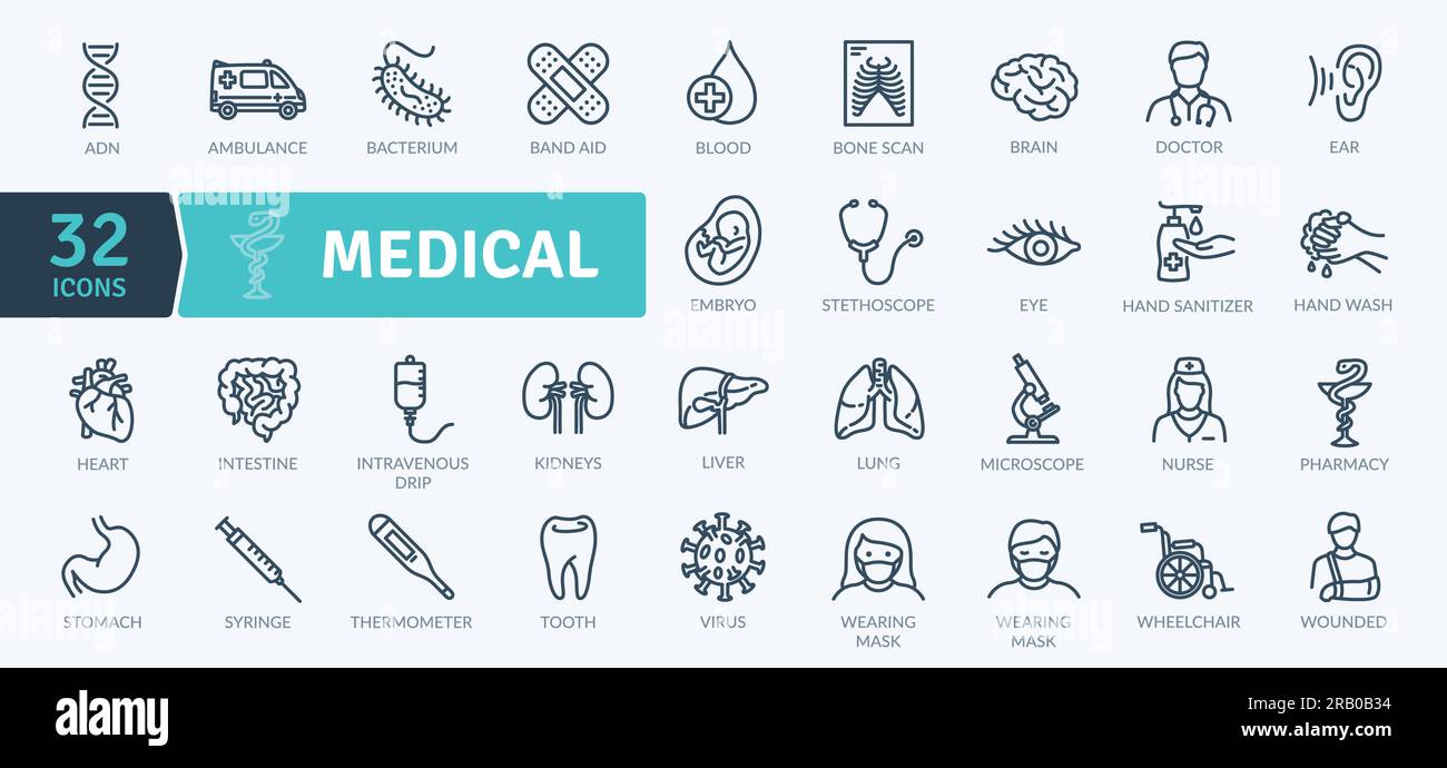 Pacchetto icone sanitarie e mediche. Set sanitario sottile. Icona piatta per uso medico Illustrazione Vettoriale