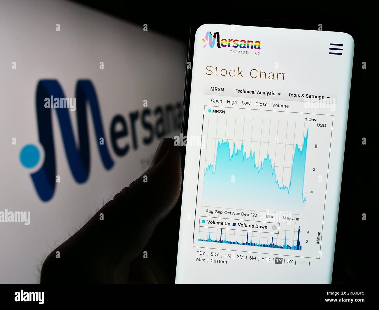 Persona che possiede uno smartphone con la pagina Web della società biotecnologica statunitense Mersana Therapeutics Inc. Sullo schermo con logo. Concentrarsi sul centro del display del telefono. Foto Stock