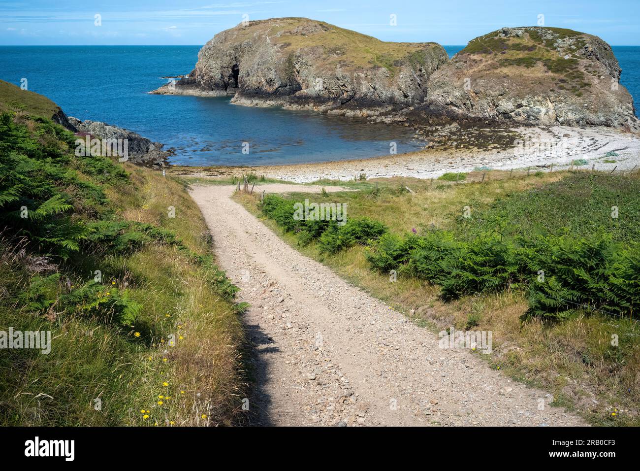 La spiaggia isolata e l'isola di marea di Ynys y Fydlyn sulla costa nord-occidentale di Anglesey, Galles, Regno Unito Foto Stock