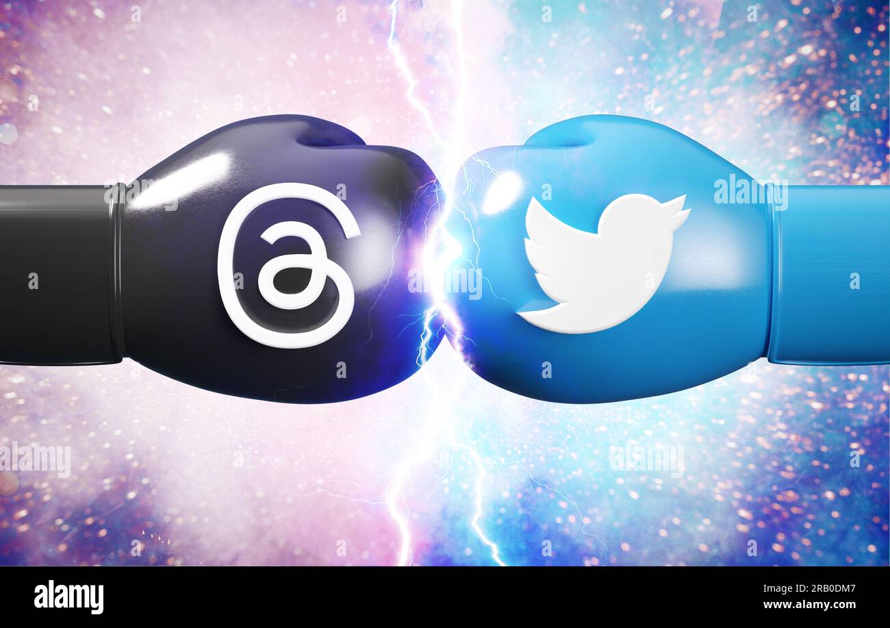 Valencia, Spagna - luglio 2023: Thread e icone dell'app Twitter in 3D. Threads è una nuova app di social media di Instagram e Meta fo Foto Stock