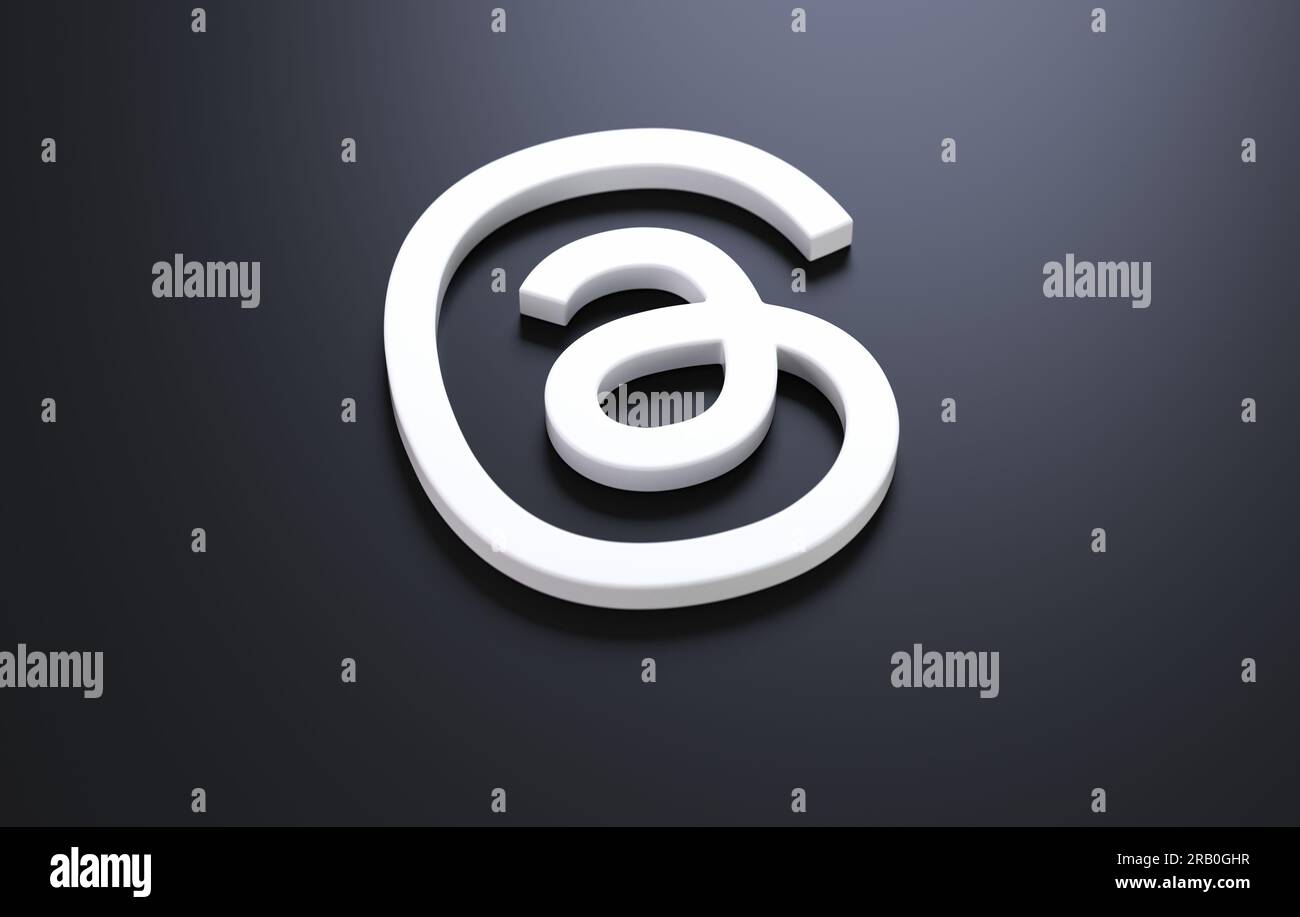 Valencia, Spagna - luglio 2023: Threads, un logo dell'app Instagram su sfondo nero in rendering 3D. Threads è una nuova app di social media per micr Foto Stock