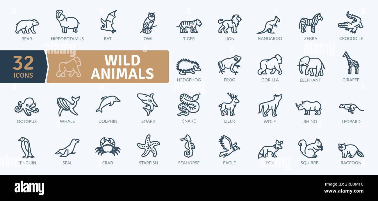 Pacchetto icone Wild Animals. Set di icone creatura a linea sottile. Semplici icone vettoriali Illustrazione Vettoriale