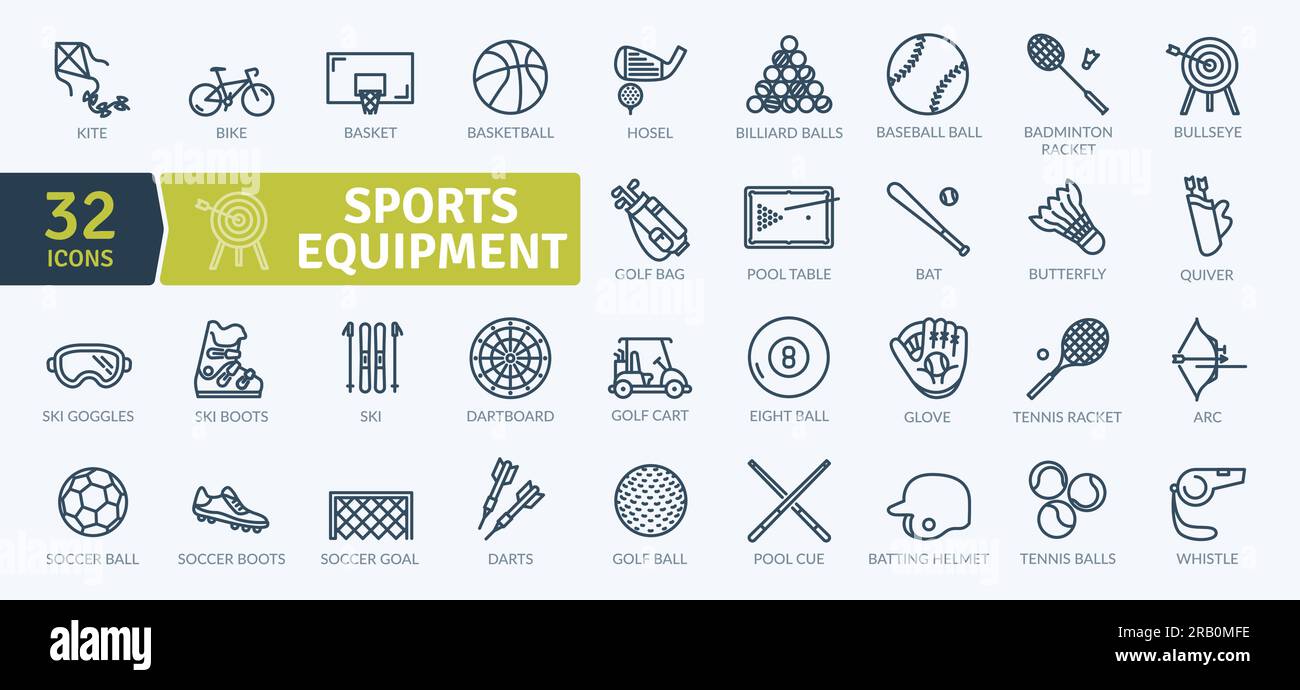 Pacchetto icone attrezzature sportive. Set di icone a linea sottile. Semplici icone vettoriali Illustrazione Vettoriale