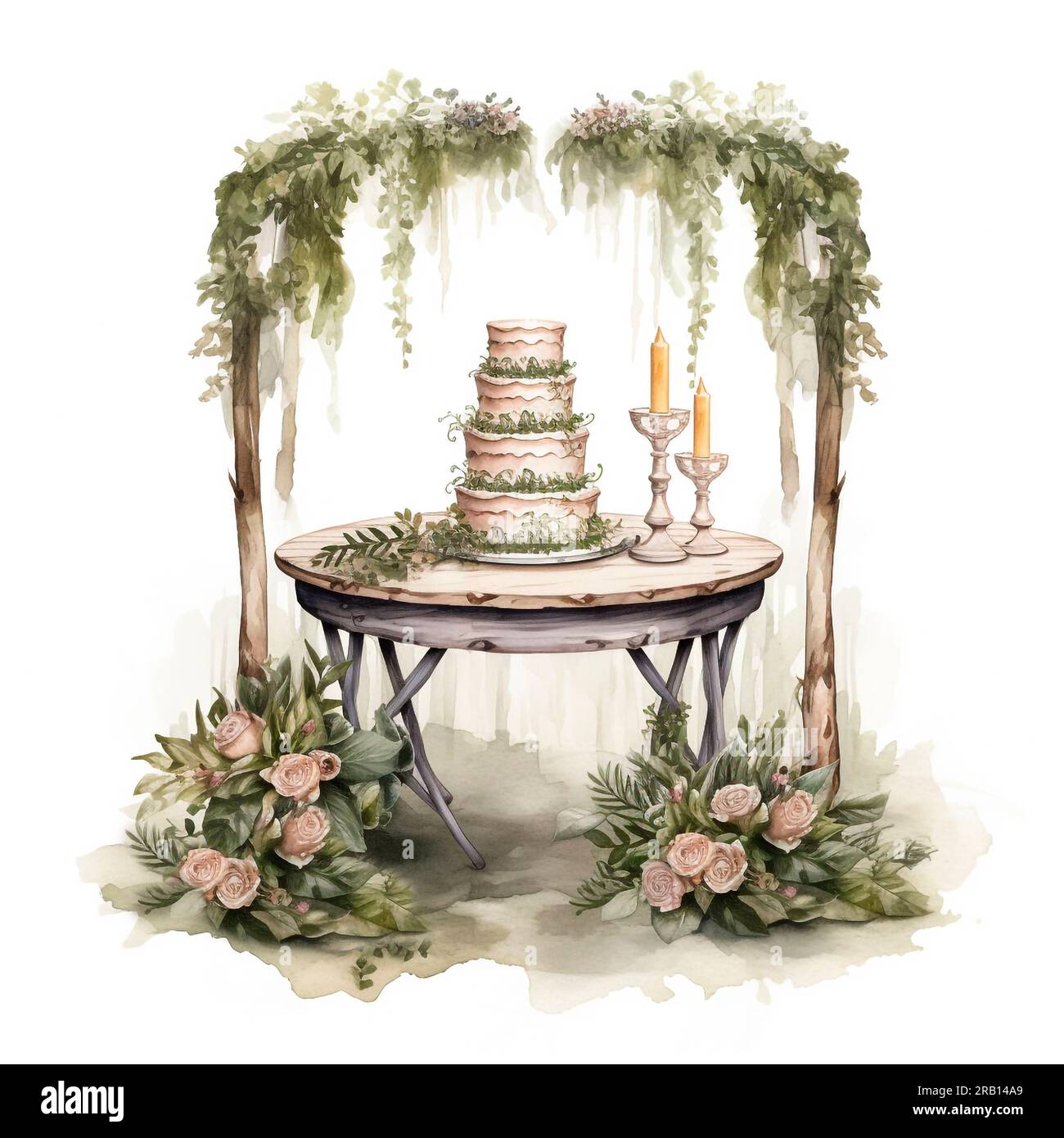 Torta nuziale sotto l'arco decorata con rose e vegetazione, illustrazione ad acquerello dipinta a mano Foto Stock