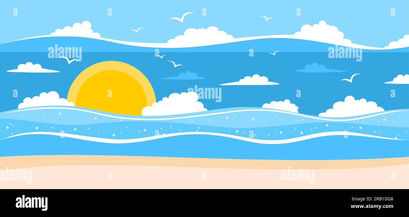 Paesaggio marino con tramonto, onde, nuvole e costa. Illustrazione vettoriale in stile piatto Illustrazione Vettoriale