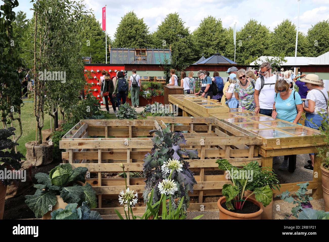 RHS budget Friendly Garden (Mark Lane), RHS Feature Garden, RHS Hampton Court Palace Garden Festival 2023, Londra, Inghilterra, Regno Unito, Europa Foto Stock