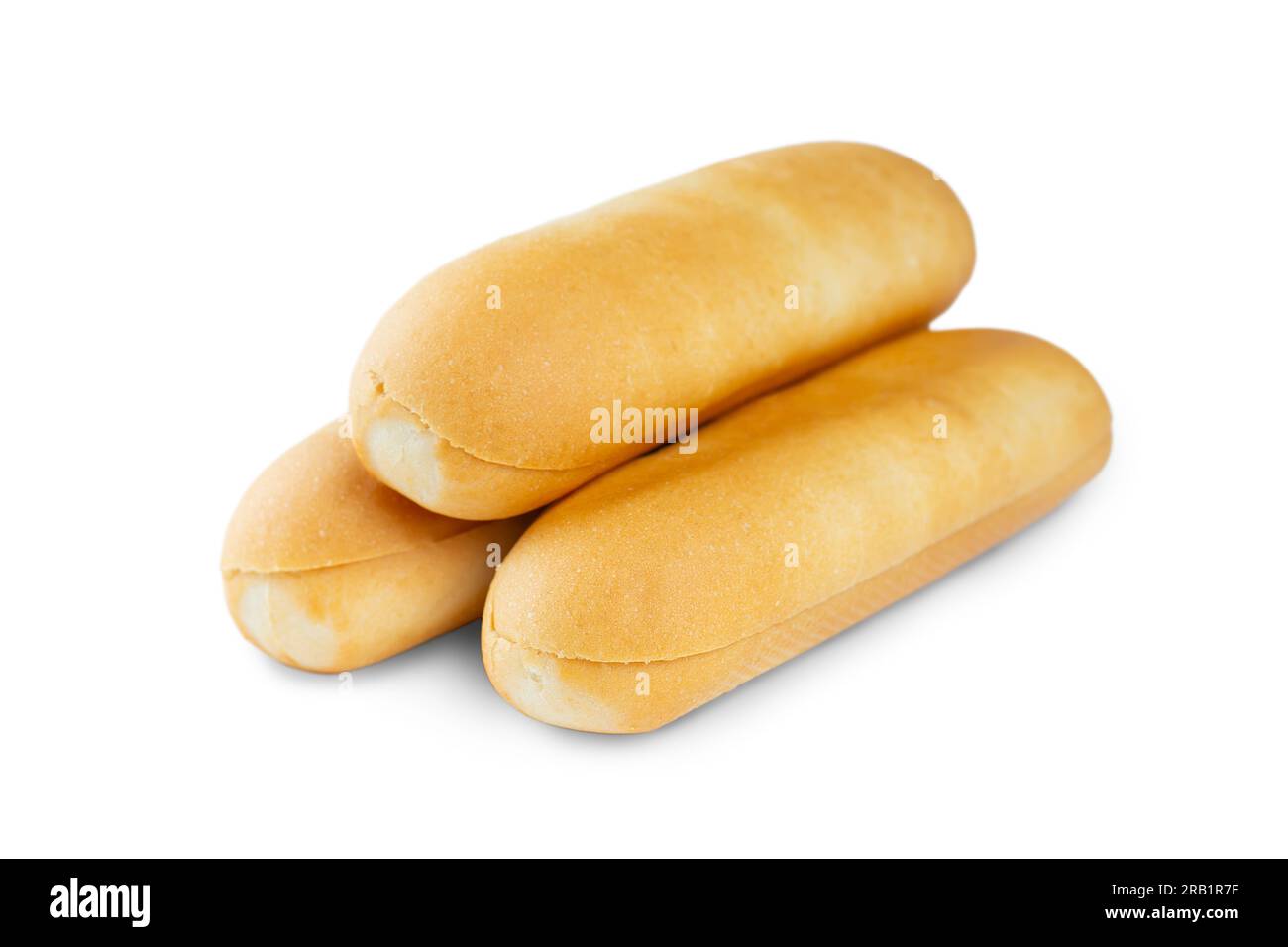 Tre panini di grano hot dog isolati su sfondo bianco. Ingrediente da cucina per hot dog, cucina americana. Fast food, Street food, salsiccia, Take aw Foto Stock