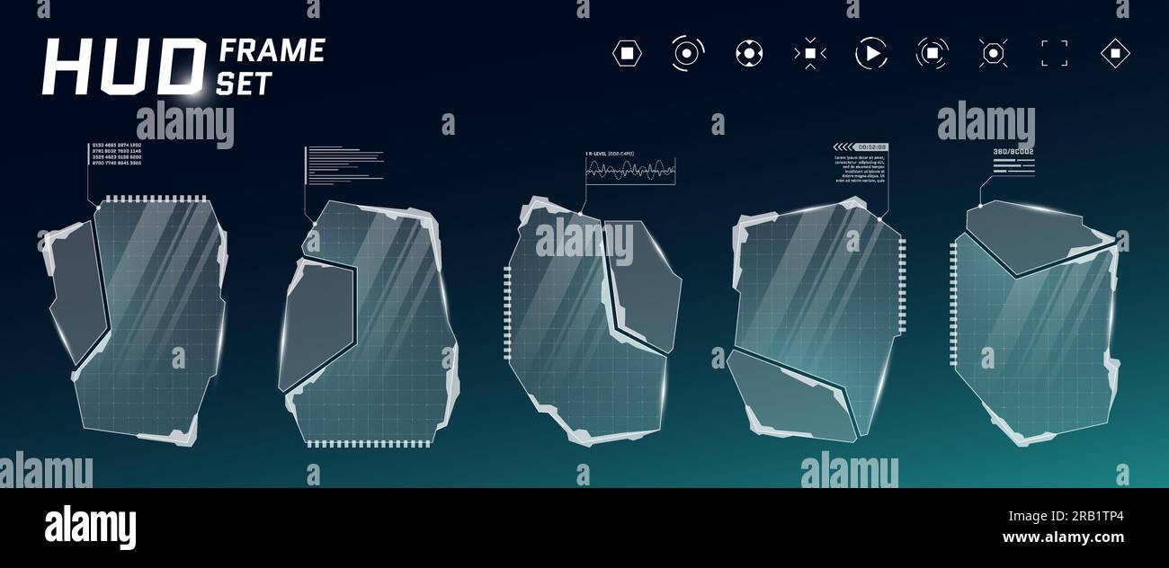 Set di cornici futuristiche per interfaccia utente digitale HUD. Pannelli di didascalia sci Fi high tech. Menu di gioco dell'interfaccia utente utente utente toccando le schermate di controllo del cruscotto. Segnali vettoriali di informazioni del display head-up Cyber space FUI o GUI Illustrazione Vettoriale