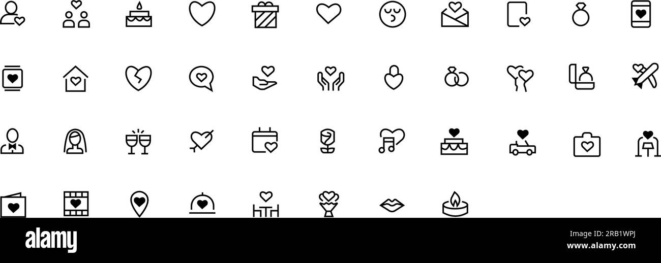 Adoro le icone delle linee vettoriali, set semplice. Lettera romantica, coppia felice, anello, regalo, cuore spezzato, icona della luna di miele. Tratto modificabile. Illustrazione Vettoriale