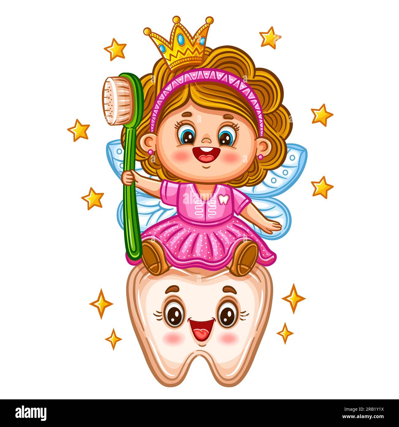 Adorabile principessa delle fate dai denti, magica ragazza elfa farfalla volante con spazzolino da denti. Odontoiatria per bambini. Pulizia del dentifricio, igiene dei denti della bocca. Vettore Illustrazione Vettoriale