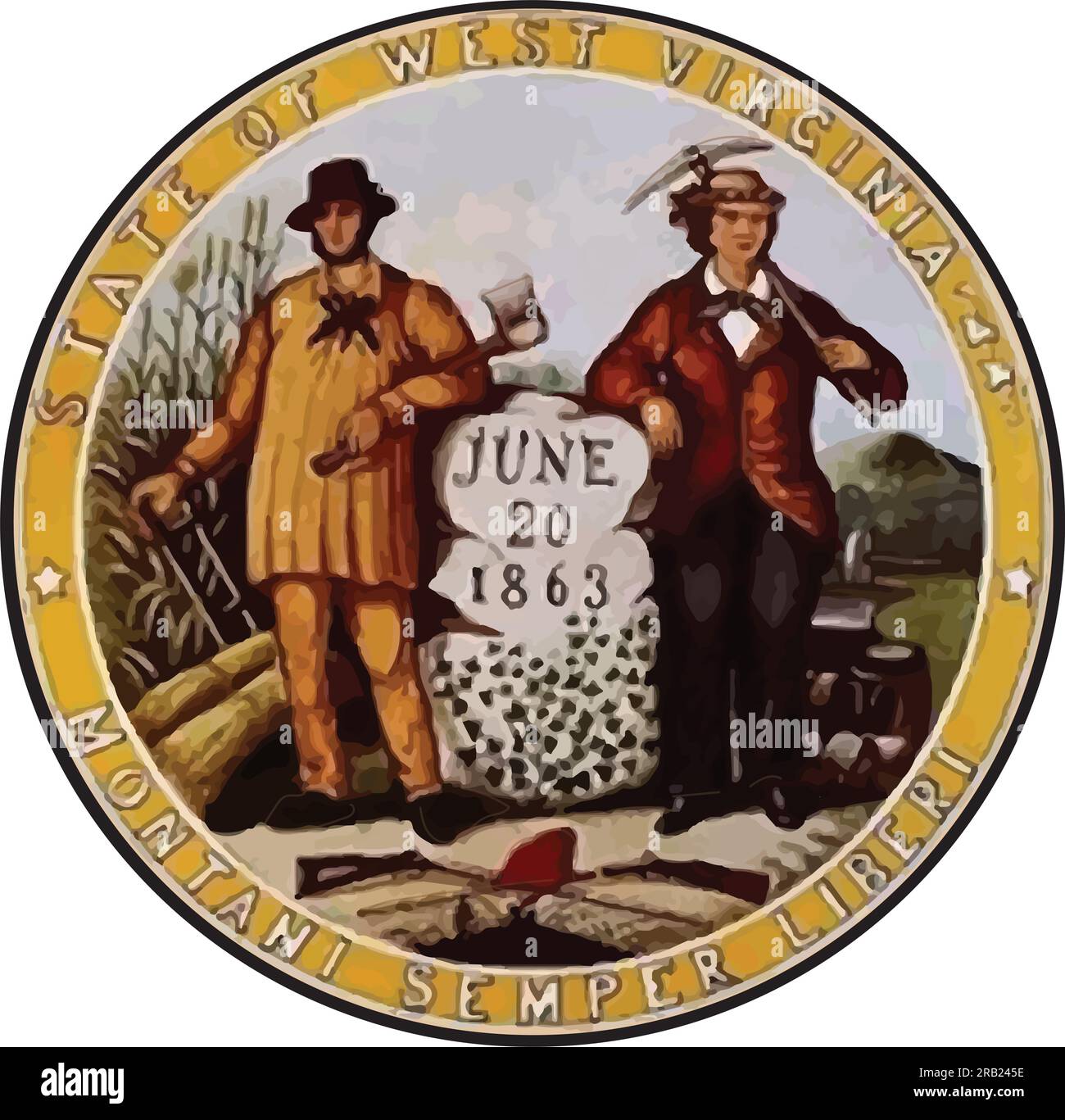 Sigillo e motto dello stato americano della Virginia Occidentale - "Mountaineers are Always Free" Illustrazione Vettoriale