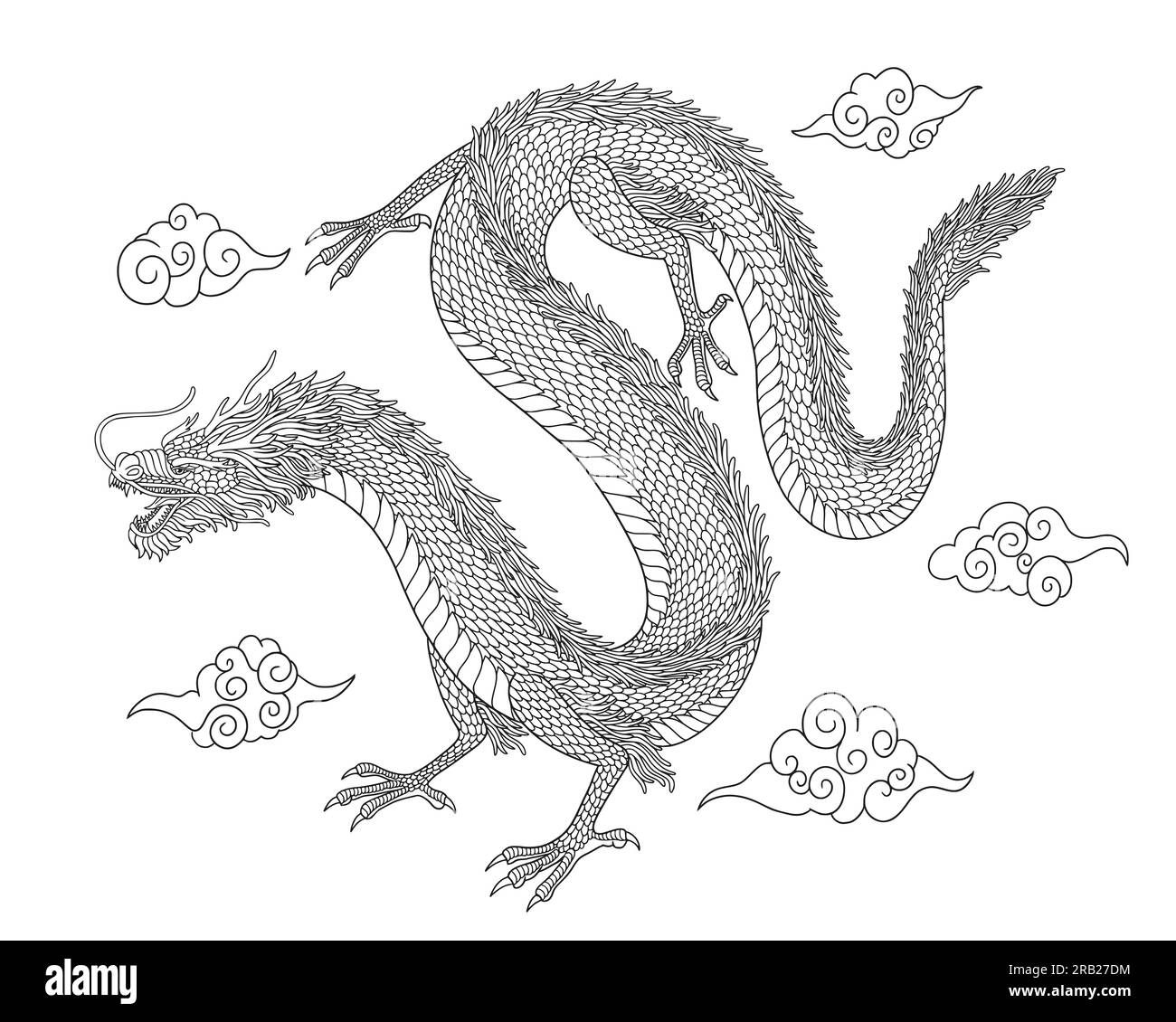 Arte in linea di drago giapponese con nuvole isolate su sfondo bianco. illusione vettoriale Illustrazione Vettoriale