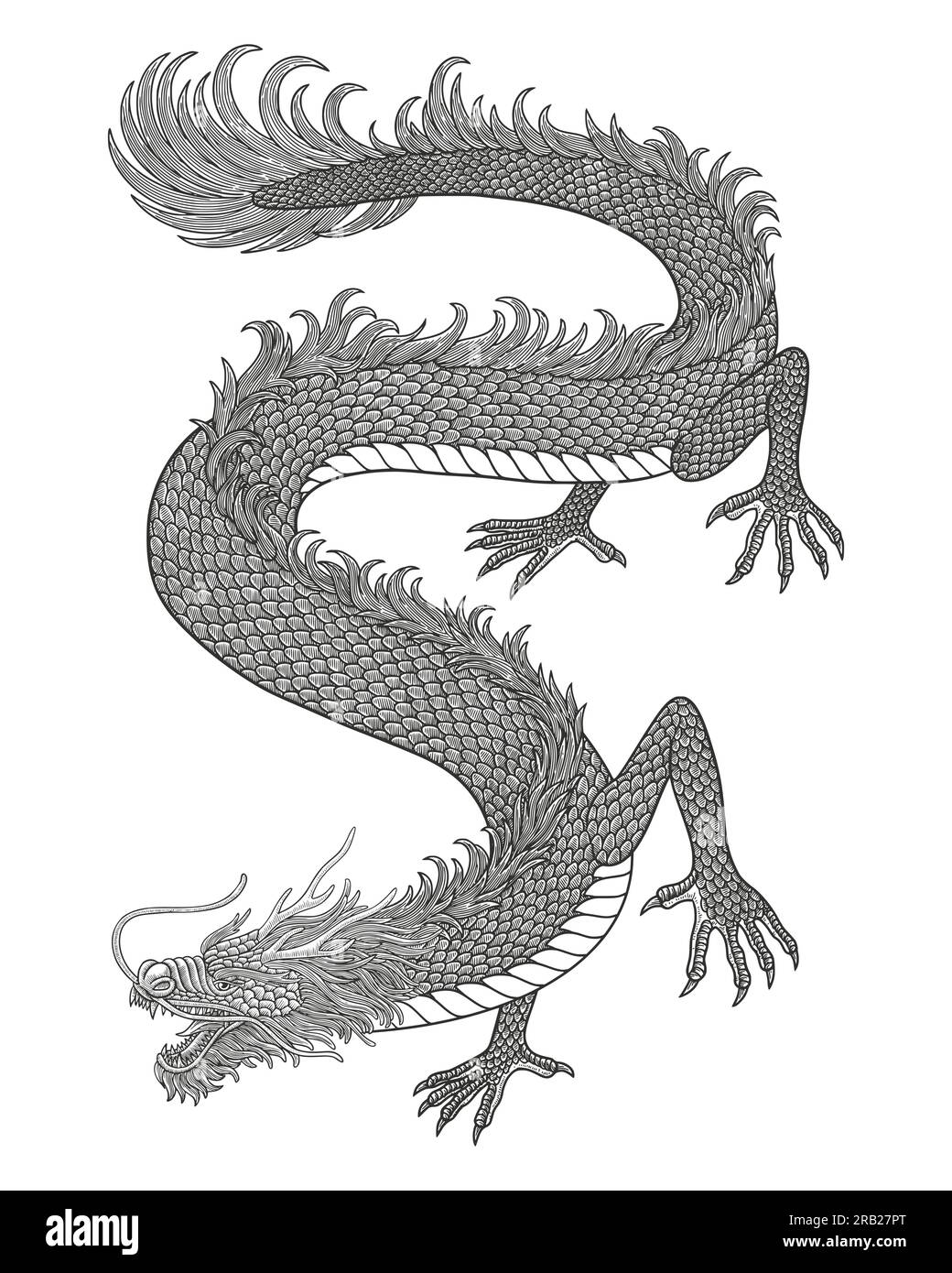 Cuore con drago, ornamentale floreale e torcia, disegno con incisione Vintage, illustrazione vettoriale di design antico Illustrazione Vettoriale