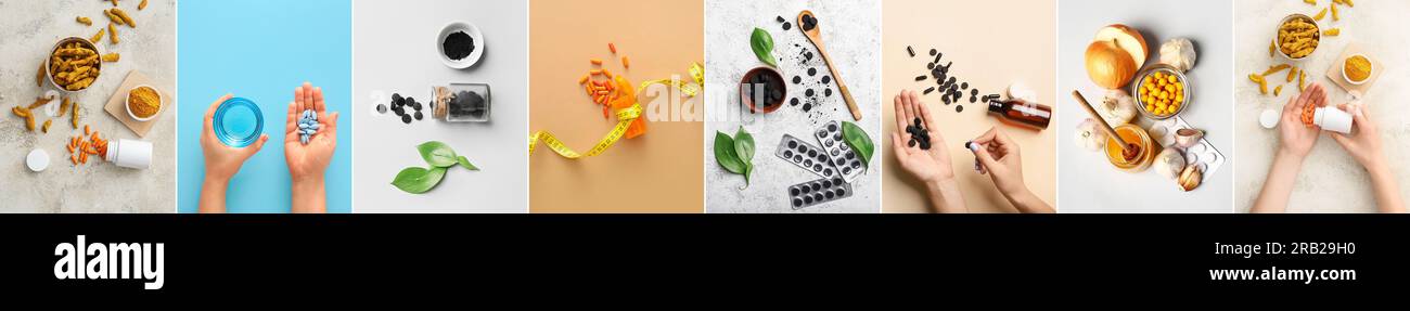 Collage di mani femminili con pillole a base vegetale, vista dall'alto Foto Stock