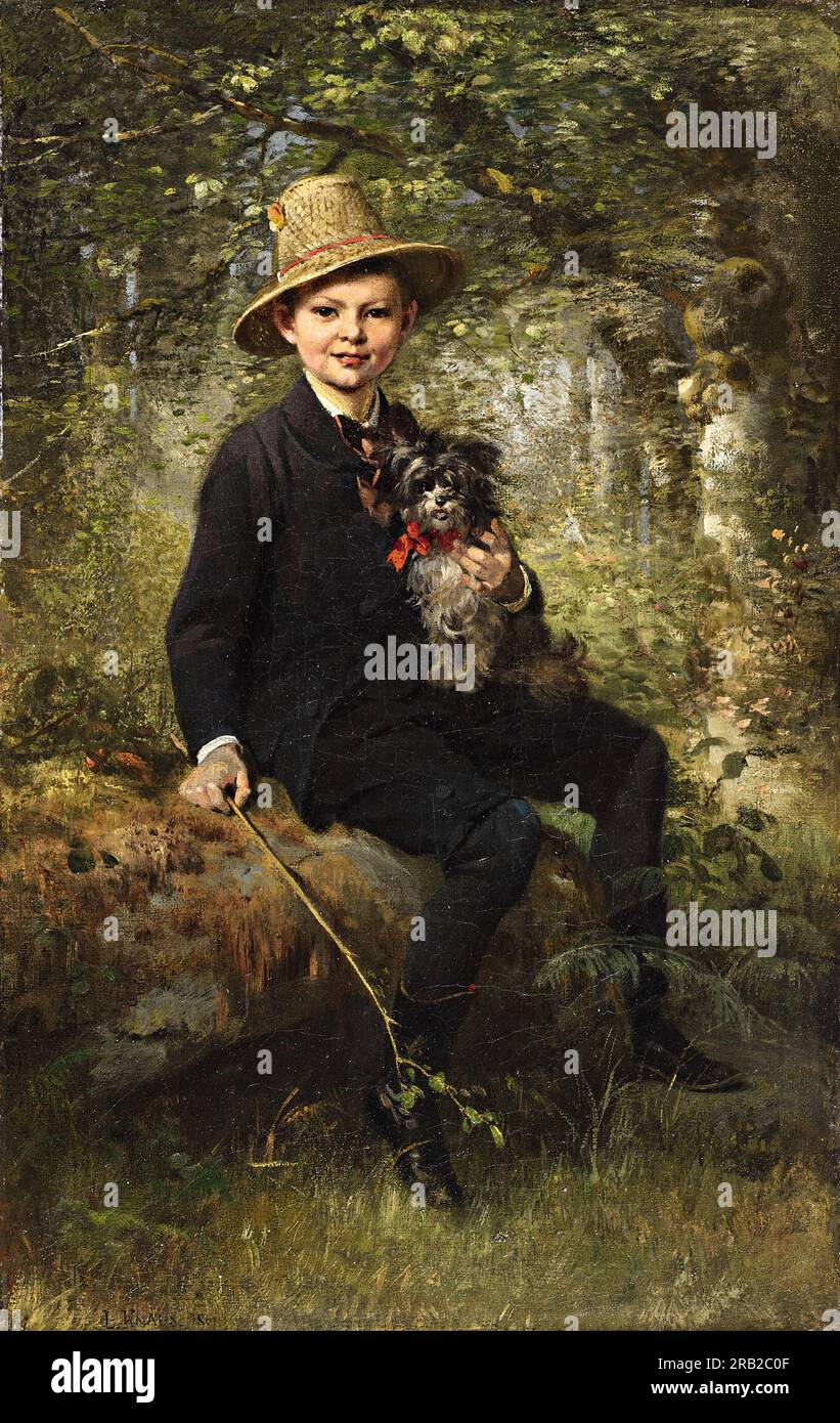 Ritratto di un ragazzo con cane in una foresta 1861 di Ludwig Knaus Foto Stock