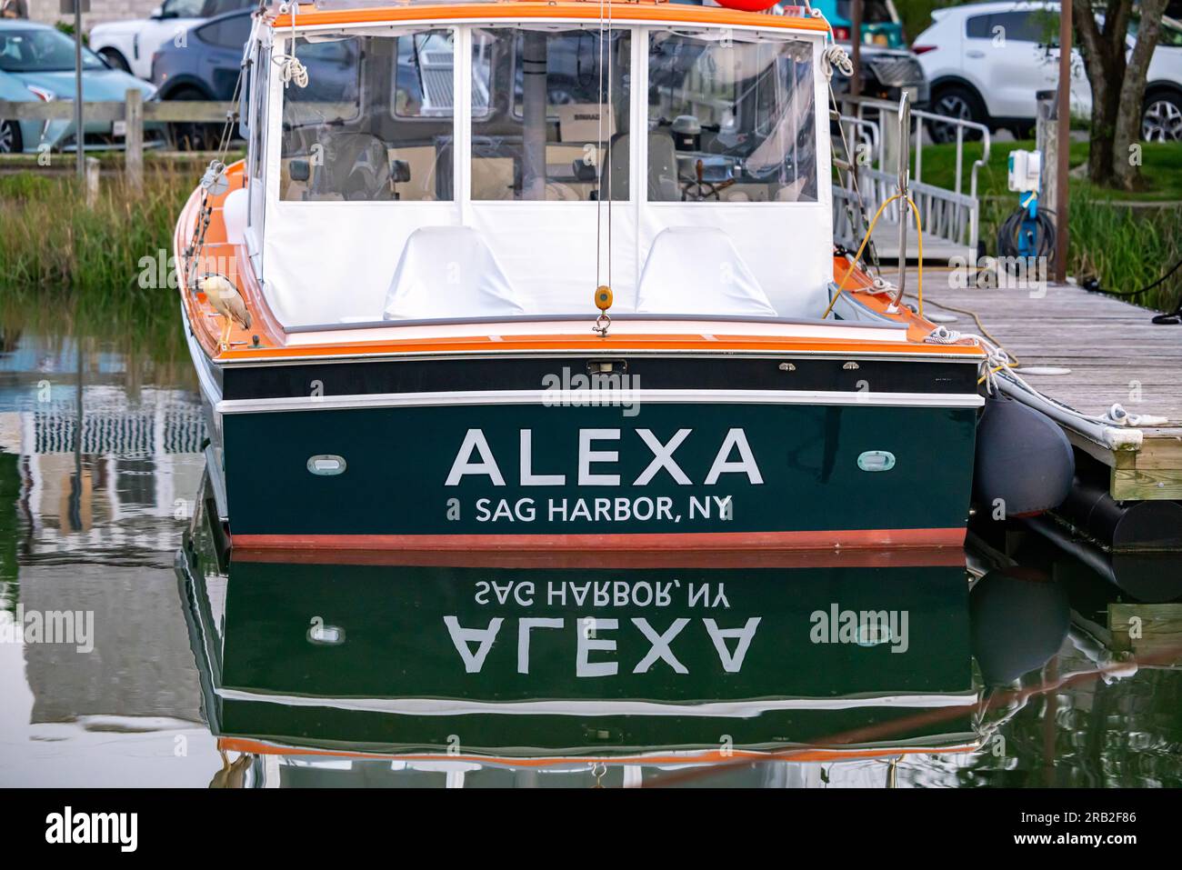 La barca personale di Billy Joel, Alexa seduto al molo di Sag Harbor Foto Stock