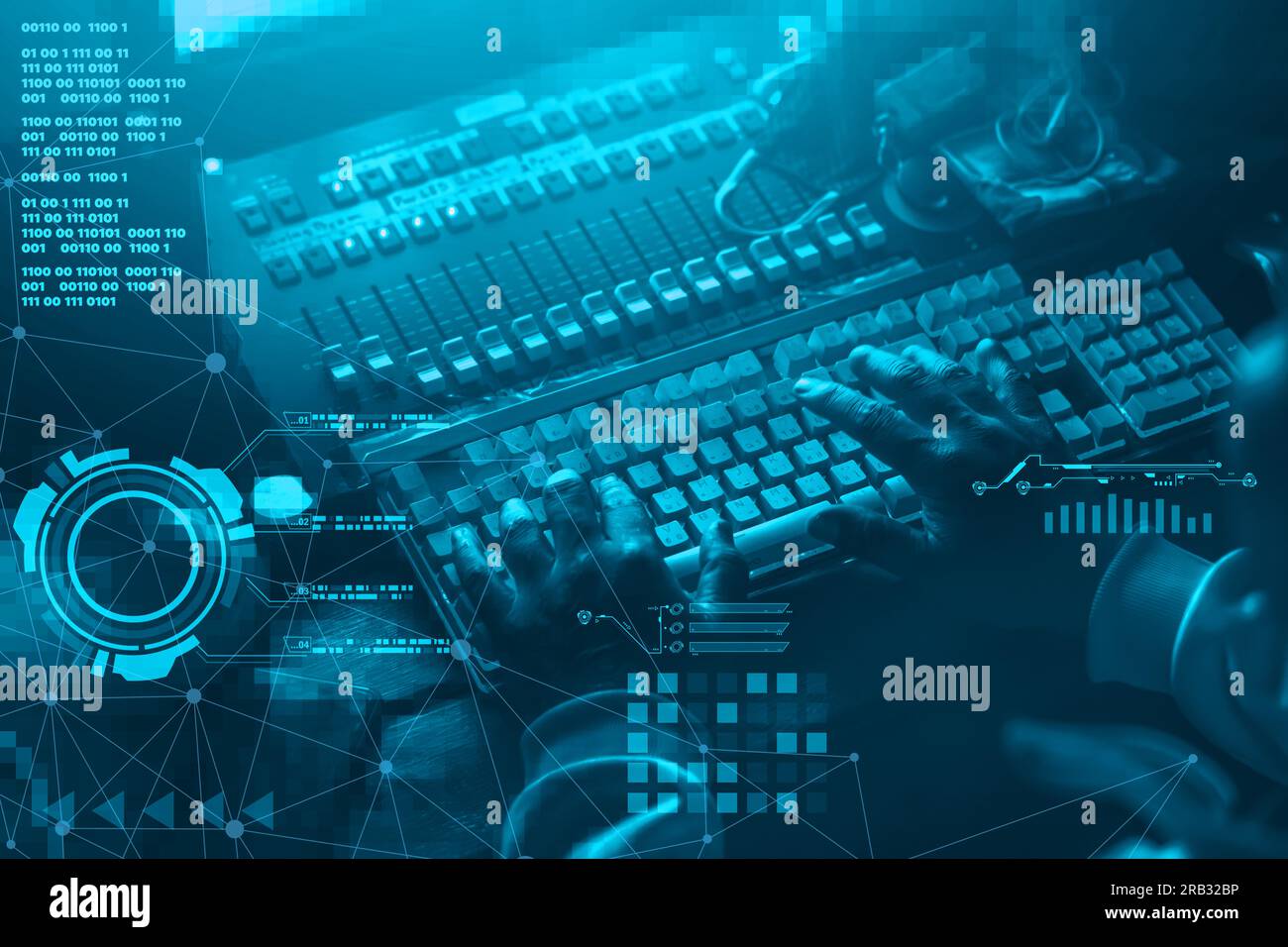 Progettista di musica digitale ingegnere del suono con editor di tastiere per computer e concetto futuristico di mixer audio. Foto Stock