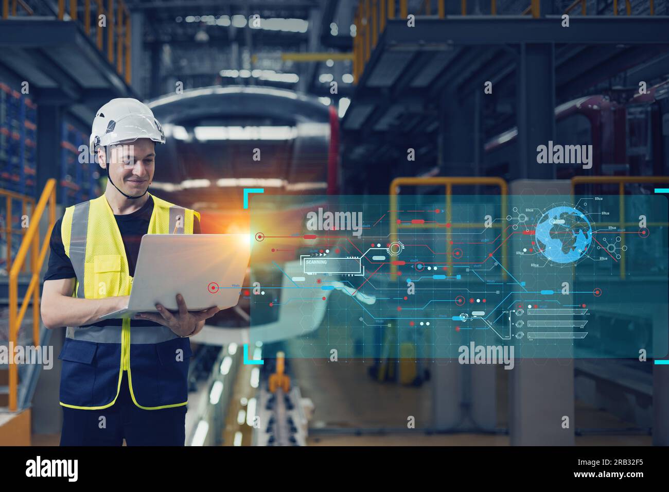 ingegnere tecnico dell'operatore del treno il controllo maschio gestisce il moderno percorso di monitoraggio dei treni elettrici online con un computer portatile Foto Stock