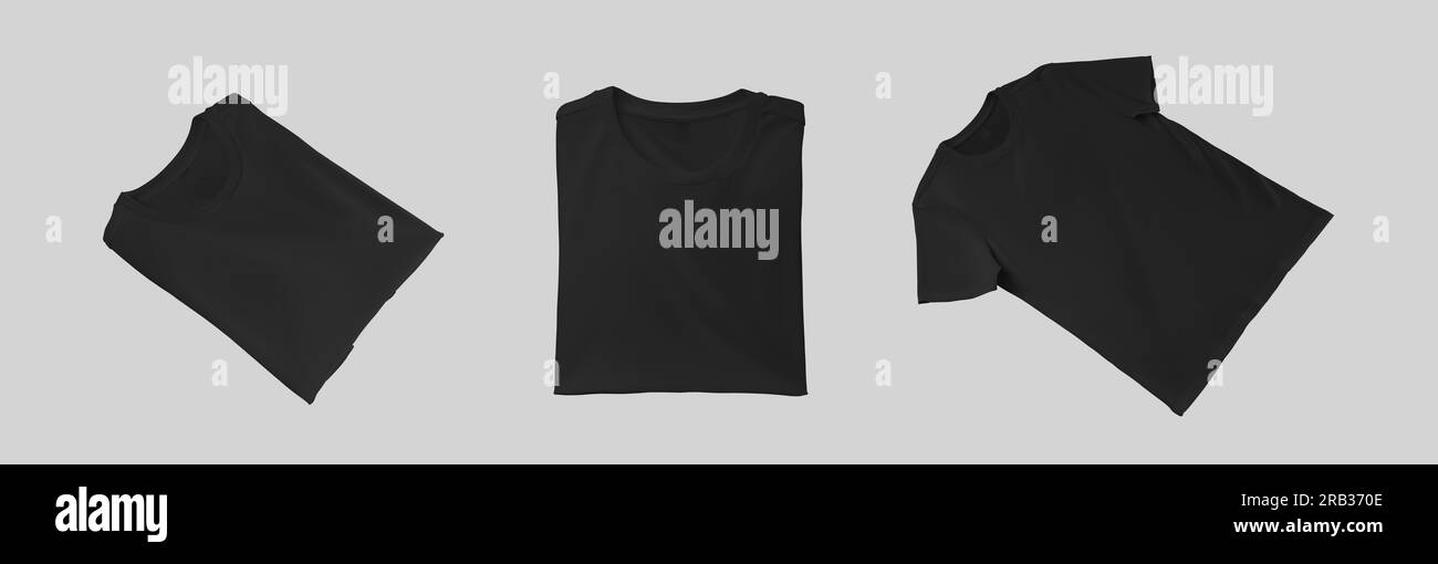 Modello t-shirt nero, abiti piegati, fotografia del prodotto per il commercio, pubblicità, vista frontale. Set di camicie vuote per il design. Mockup di fashionab Foto Stock