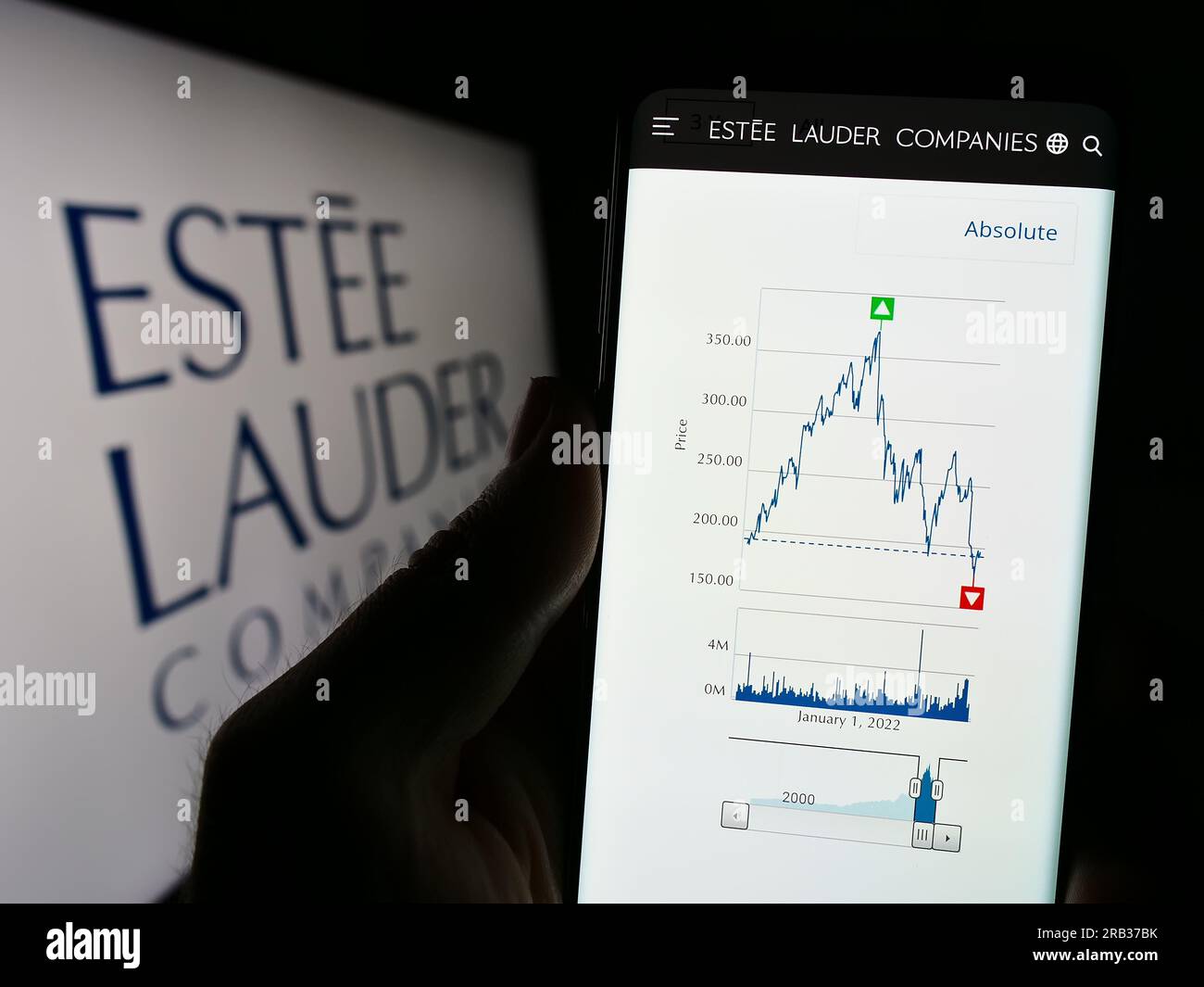 Persona che possiede uno smartphone con il sito Web dell'azienda statunitense The Estee Lauder Companies Inc. Sullo schermo davanti al logo. Concentrarsi sul centro del display del telefono. Foto Stock
