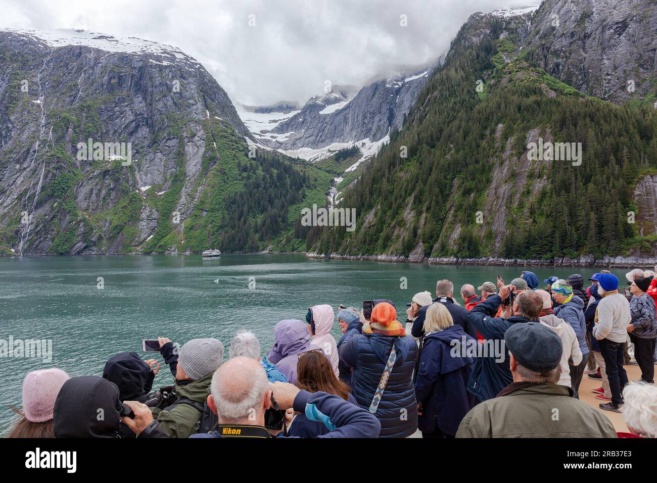 Montagne innevate nel fiordo di Tracy Arm vicino a Juneau, Alaska Foto Stock