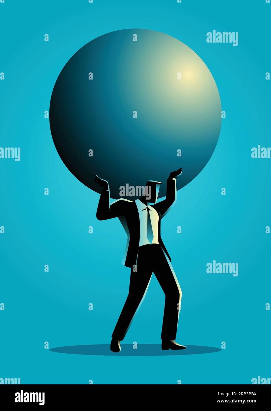 Illustrazione della silhouette di un uomo d'affari che tiene una grande sfera. Pesante, carico, responsabilità nel concetto di business Illustrazione Vettoriale