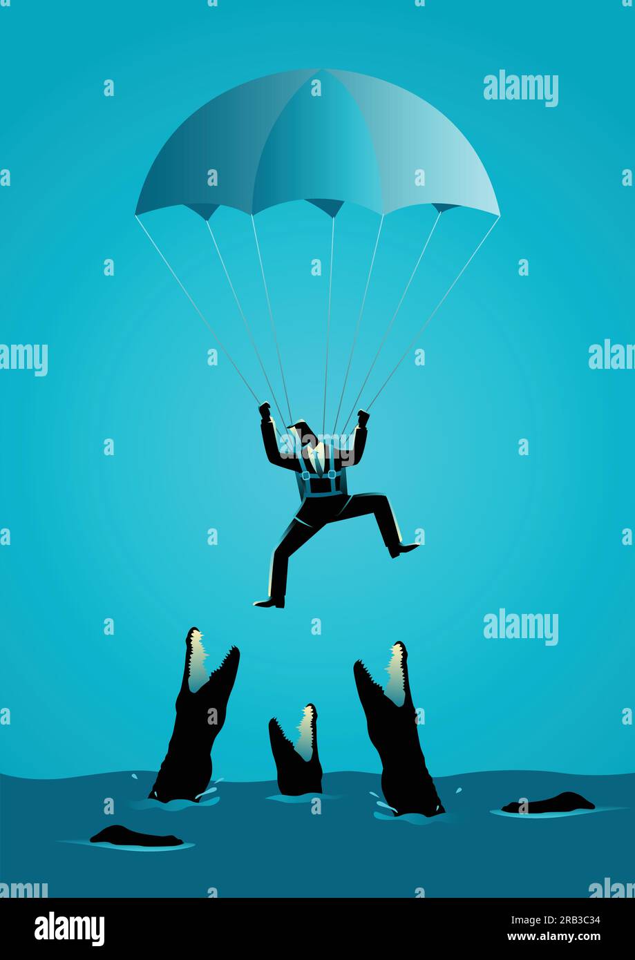 Illustrazione di concetto di affari di un uomo d'affari con paracadute che cade in acqua piena di coccodrilli affamati Illustrazione Vettoriale