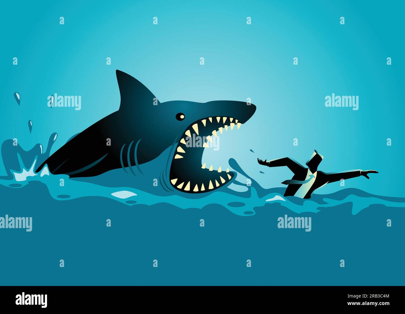 Business concetto illustrazione di un uomo d'affari nuoto panico evitando gli attacchi di squalo Illustrazione Vettoriale