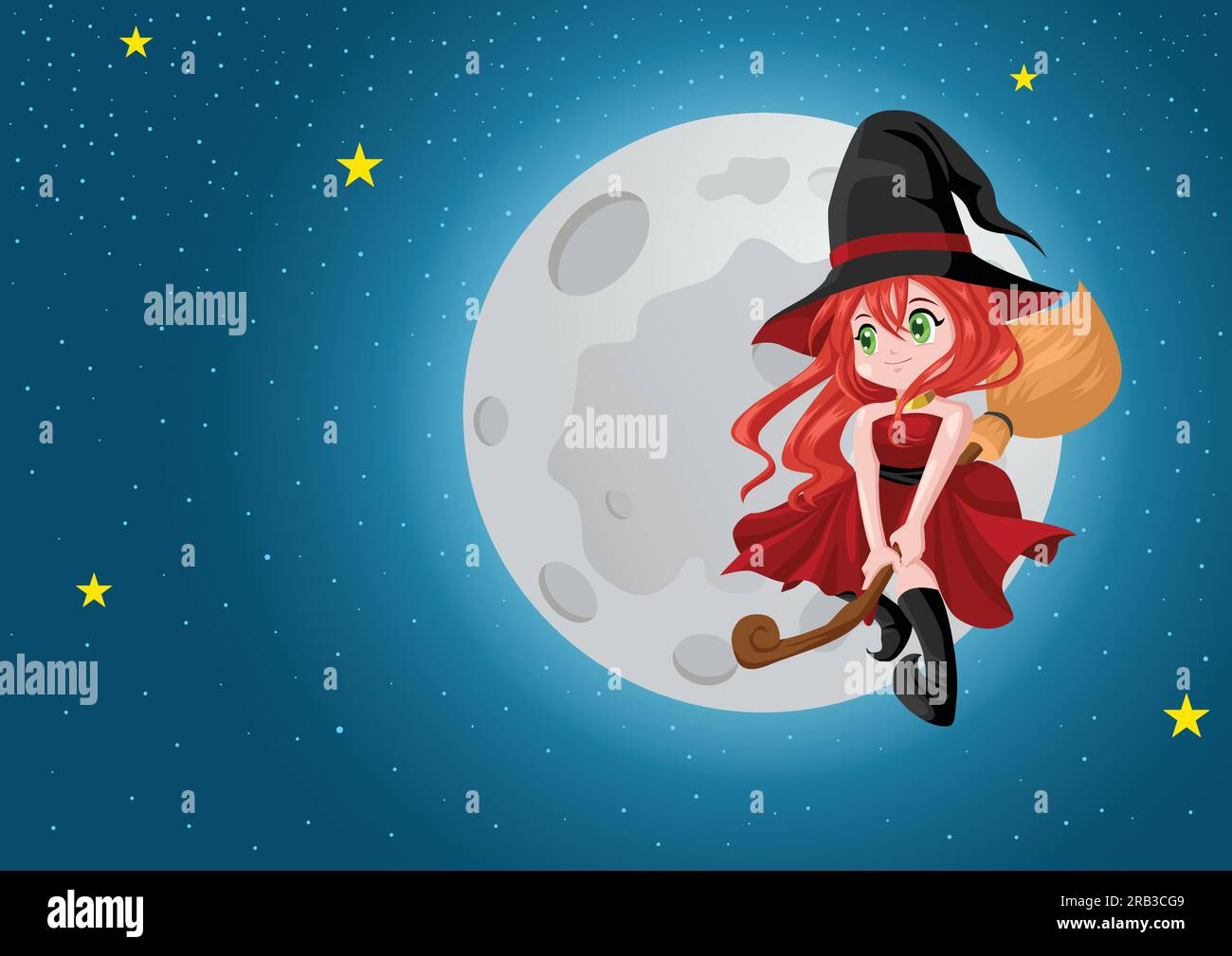 Carino cartone animato di una bella strega che vola con la sua scopa durante la luna piena, per tema e concetto Halloween Illustrazione Vettoriale